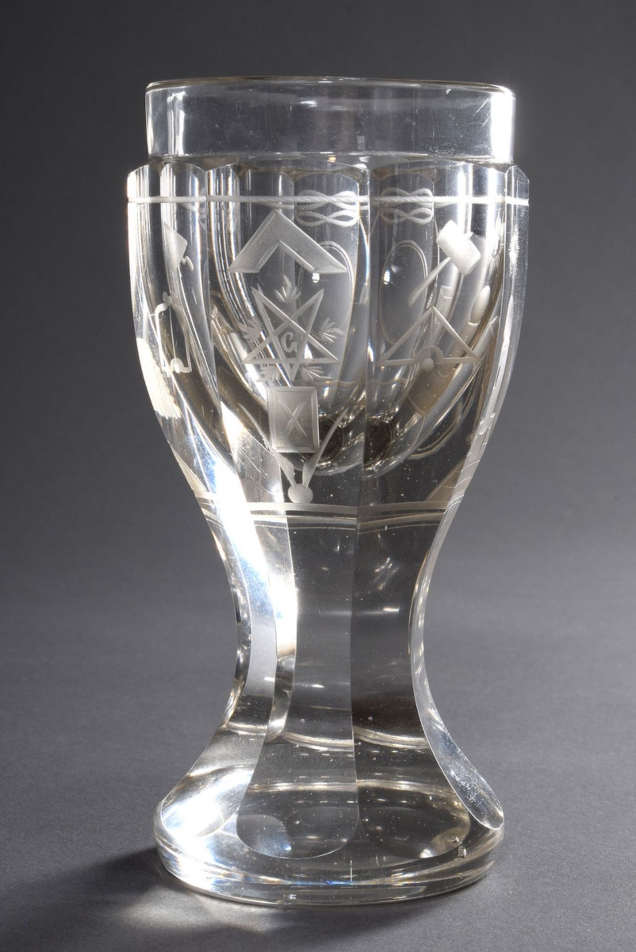 Masonic Römerkanone with various engraved symbols, faceted glass, c. 1900, h. 14cm, slightly bumped