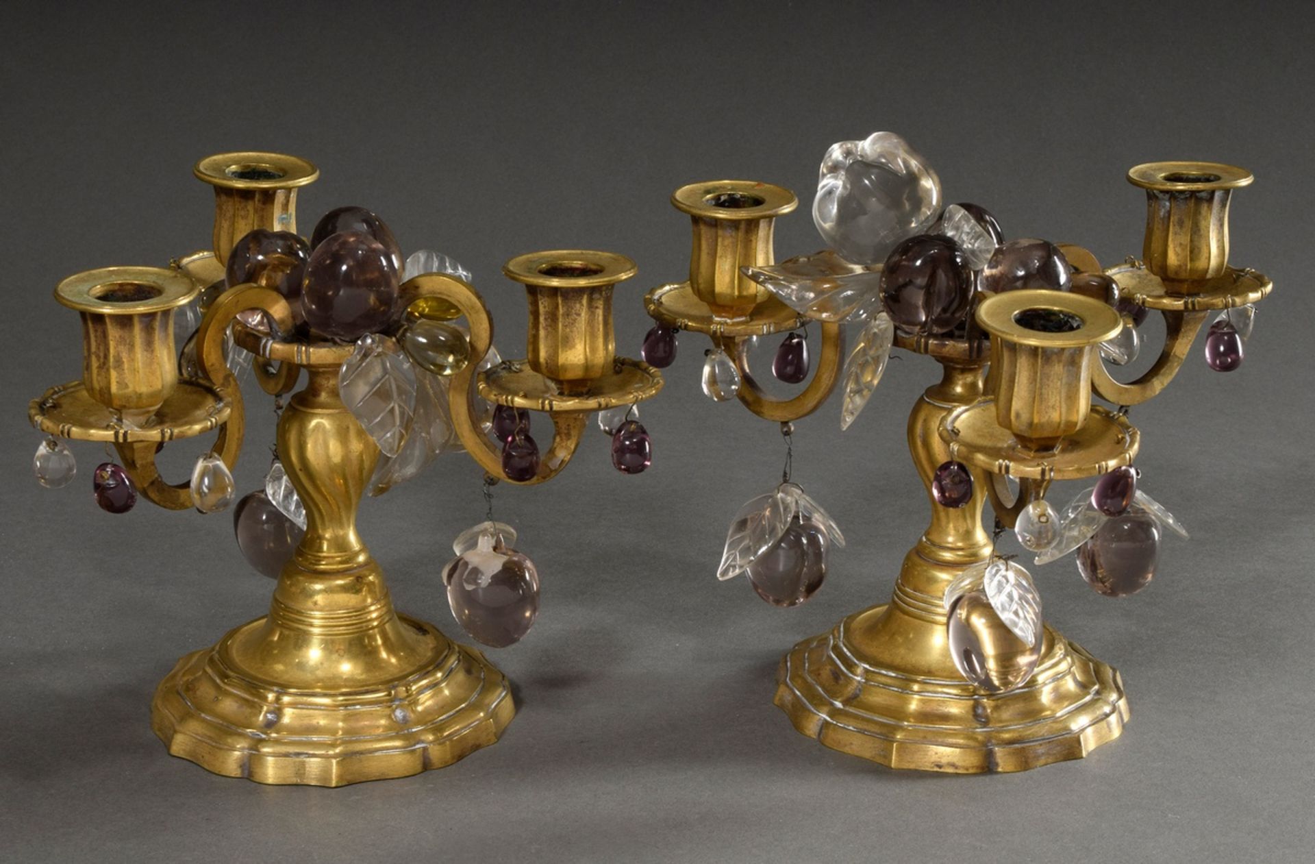 Pair of three-lamp French bronze girandoles with coloured "fruit" prisms in Louis XV style, 19th ce - Image 2 of 7