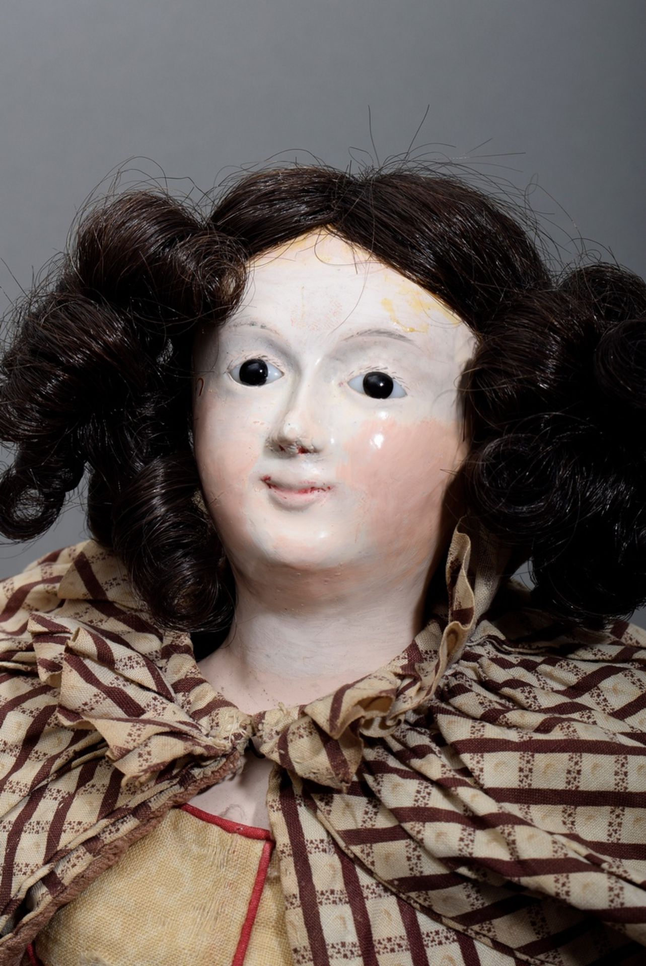 Large Biedermeier doll with mass head and inserted glass eyes, leather body, arms and legs of wood, - Image 7 of 11