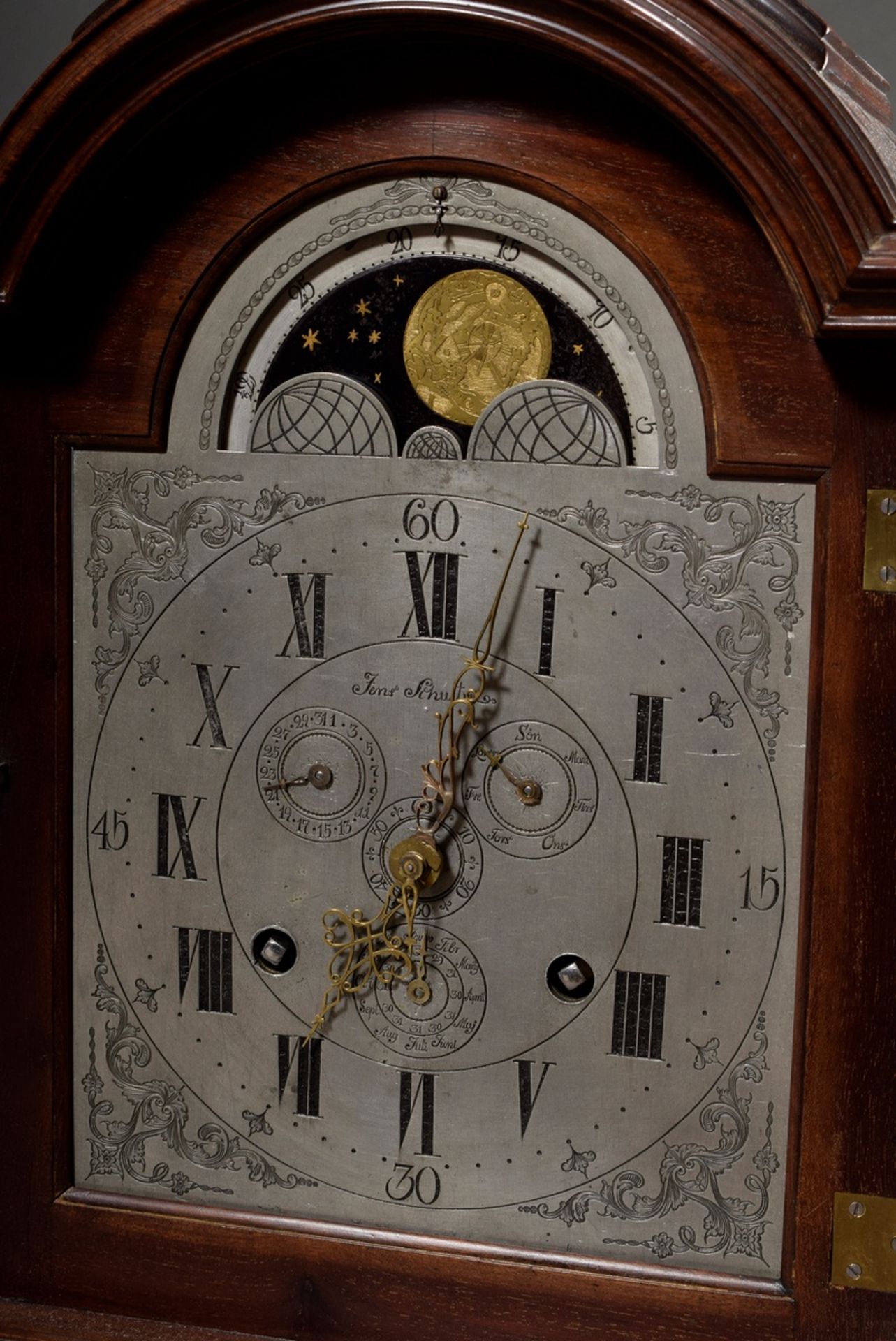 Dänische Bracket Clock/Stockuhr in verglastem Padouk Holzgehäuse mit Messing Griff und Füßen, reich - Bild 5 aus 9
