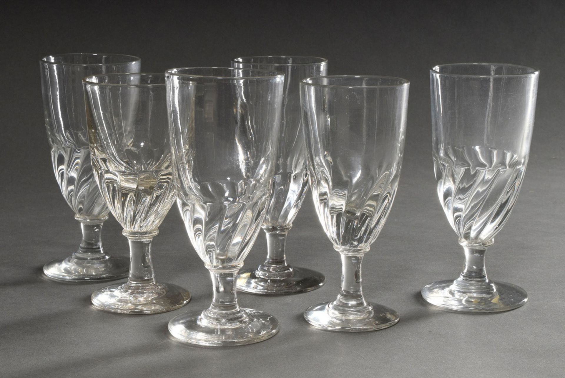 6 Rustic glasses with twisted features on the dome, blown into the mould, colourless glass, France 