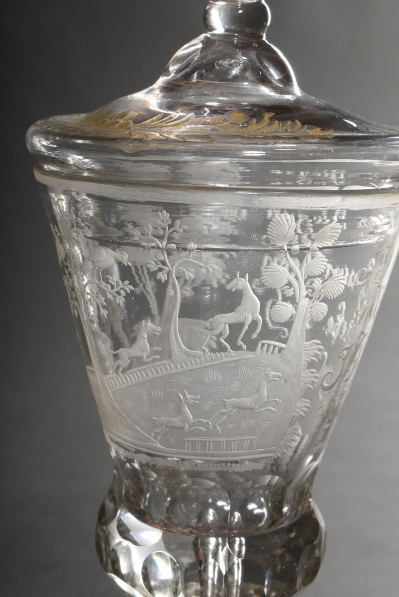 Baroque lidded goblet on a round foot with faceted baluster stem, pierced air bubble and engraved m - Image 3 of 10