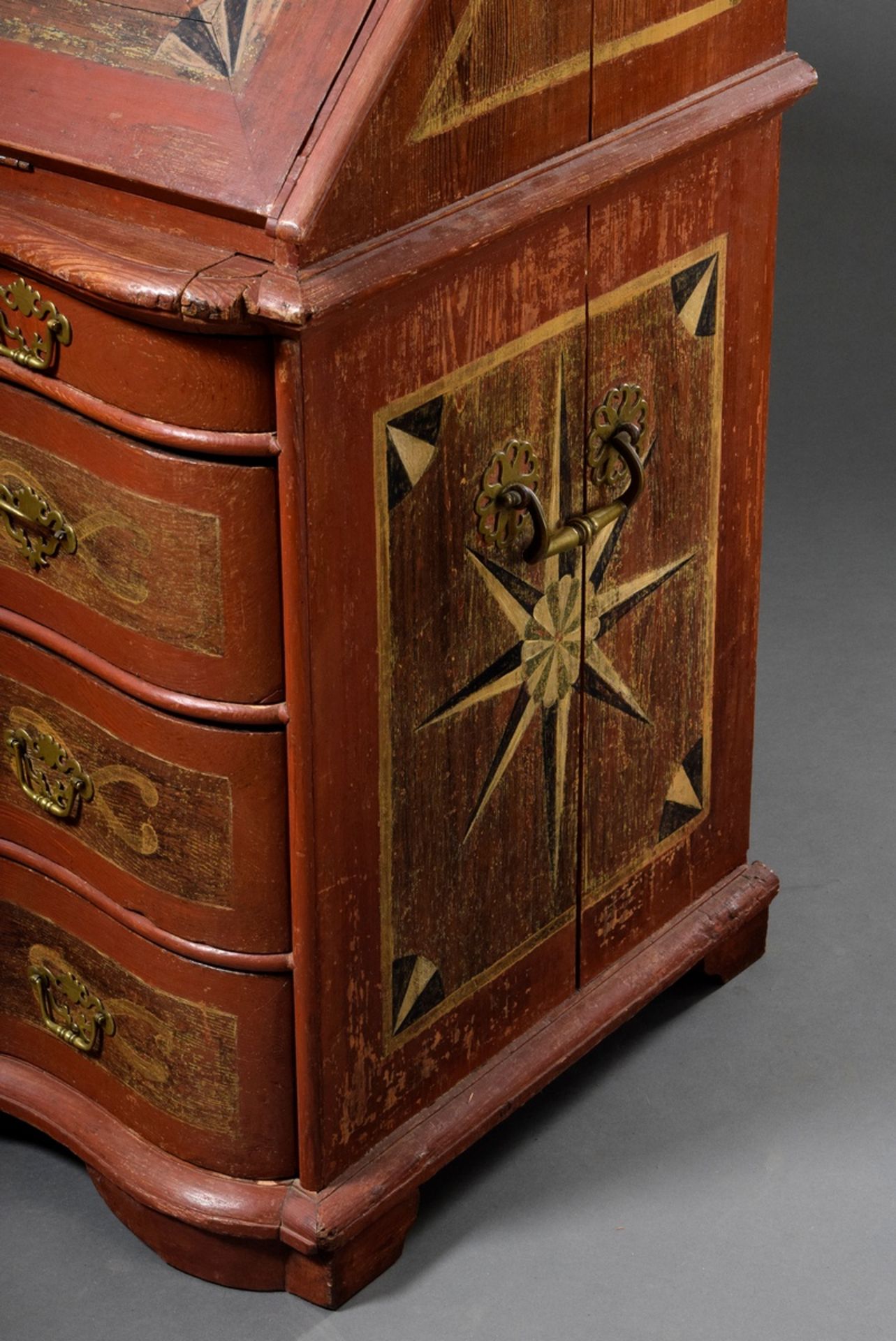 Rustic Danish secretary with slanted flap, star decoration, red/gold original frame and fittings as - Image 3 of 16