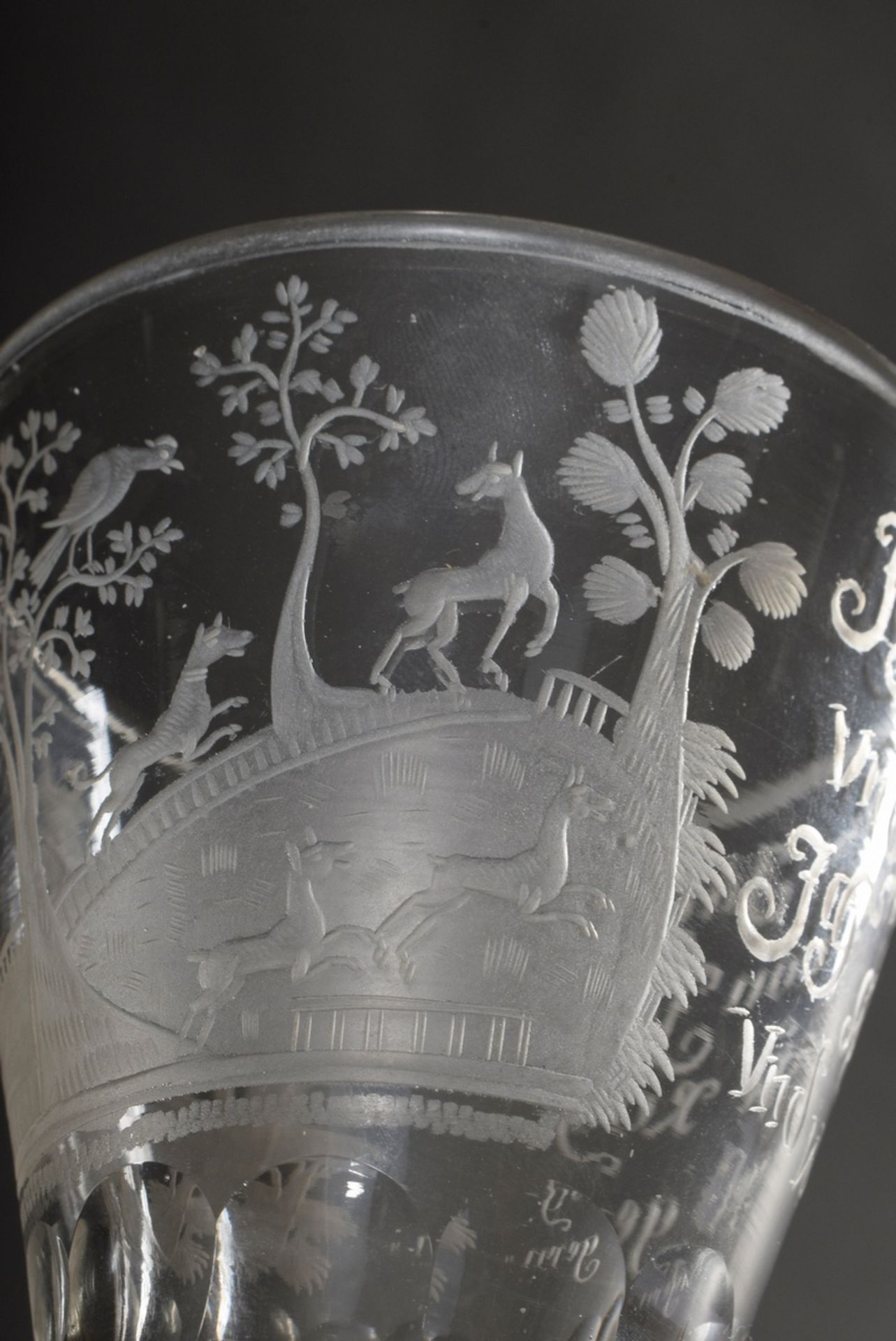 Baroque lidded goblet on a round foot with faceted baluster stem, pierced air bubble and engraved m - Image 8 of 10