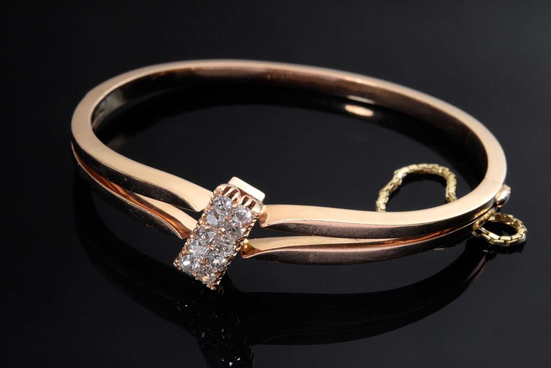 Antique rose gold 585 bangle with split rail and applied old-cut diamonds (together approx. 0.75ct/