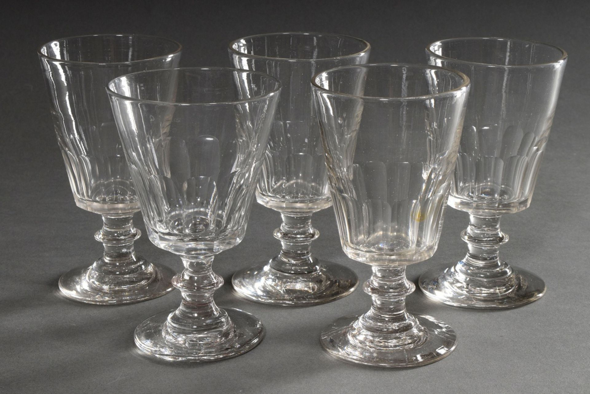 5 Rustic wine glasses with half surface cut and disc mode in the stem, colourless glass, around 190