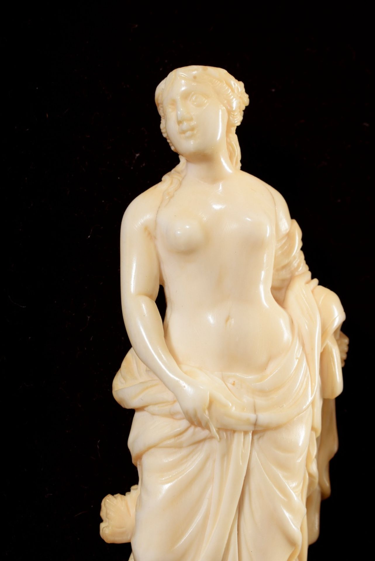 Small ivory carving "Amphitrite" mounted on a wooden console in framing with red velvet, 19th centu - Image 4 of 5