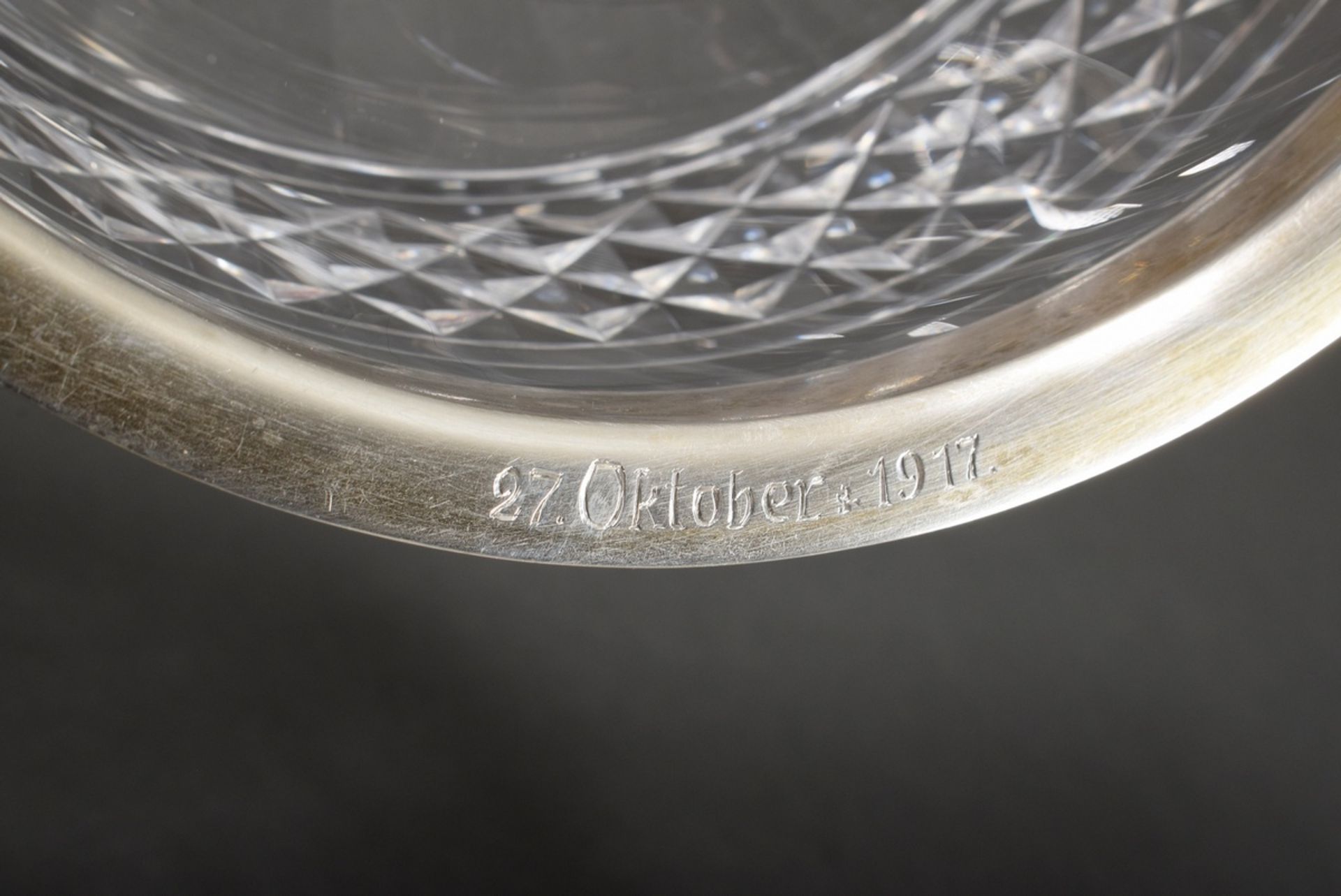 Cut crystal top bowl with gilded silver 800 leaf frieze rim and date engraving, Adolf Mogler/Heilbr - Image 3 of 4