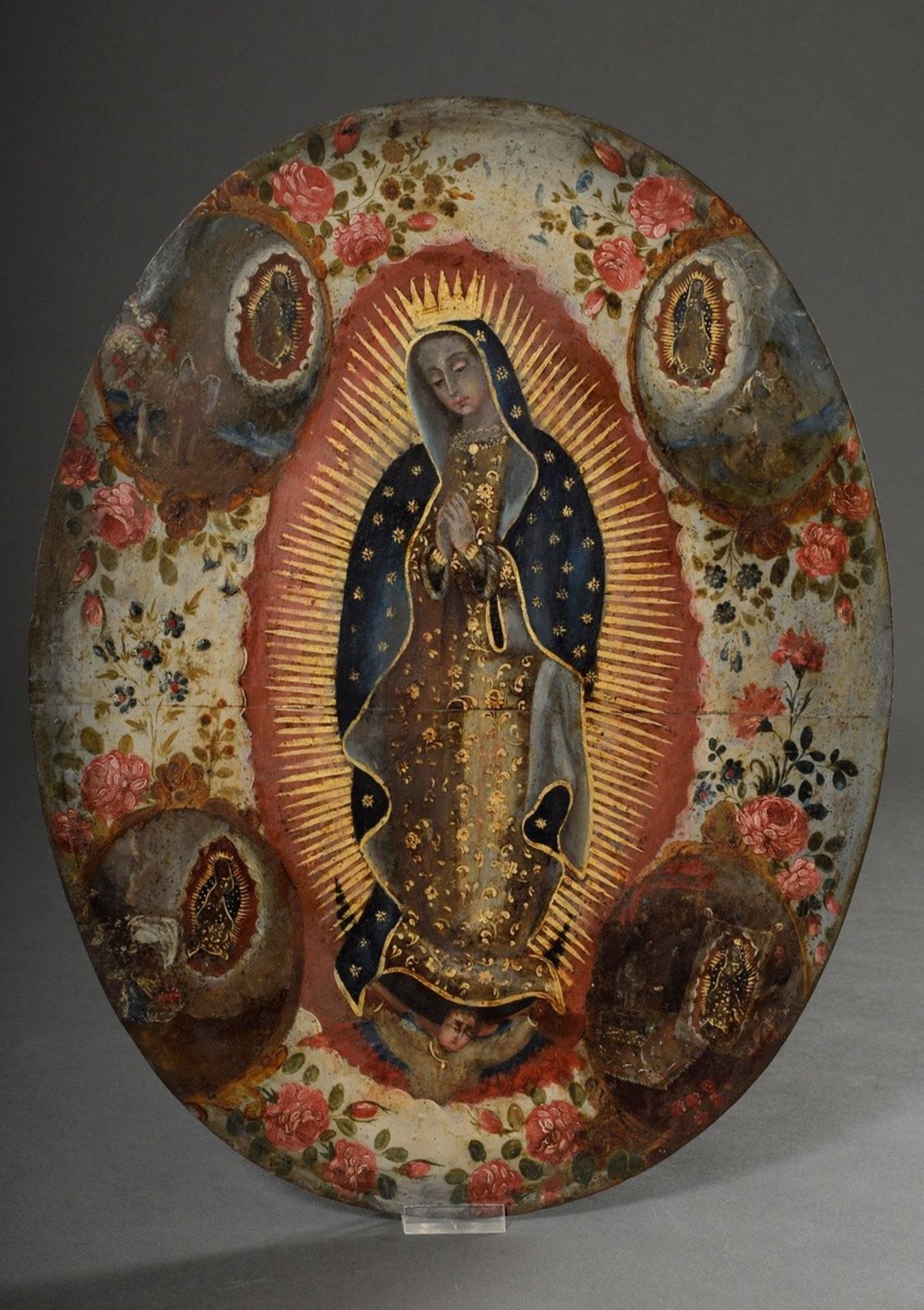 Südamerikanisches Andachtsbild "Maria Immaculata", 18./19.Jh., Öl/Metall, 45,5x35cm (oval), Defekte