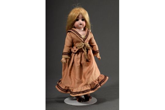 Small doll with porcelain crank head and mass jointed body, ash blond mohair wig, brown glass eyes, - Image 1 of 8