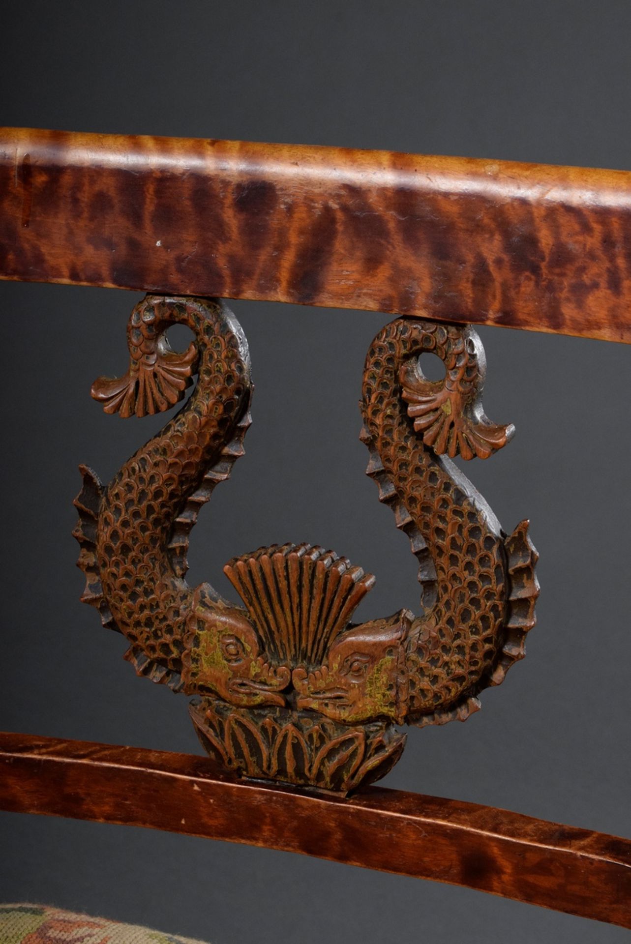 Empire chair in straight form with carving element "fish" in the backrest and embroidery upholstery - Image 4 of 5