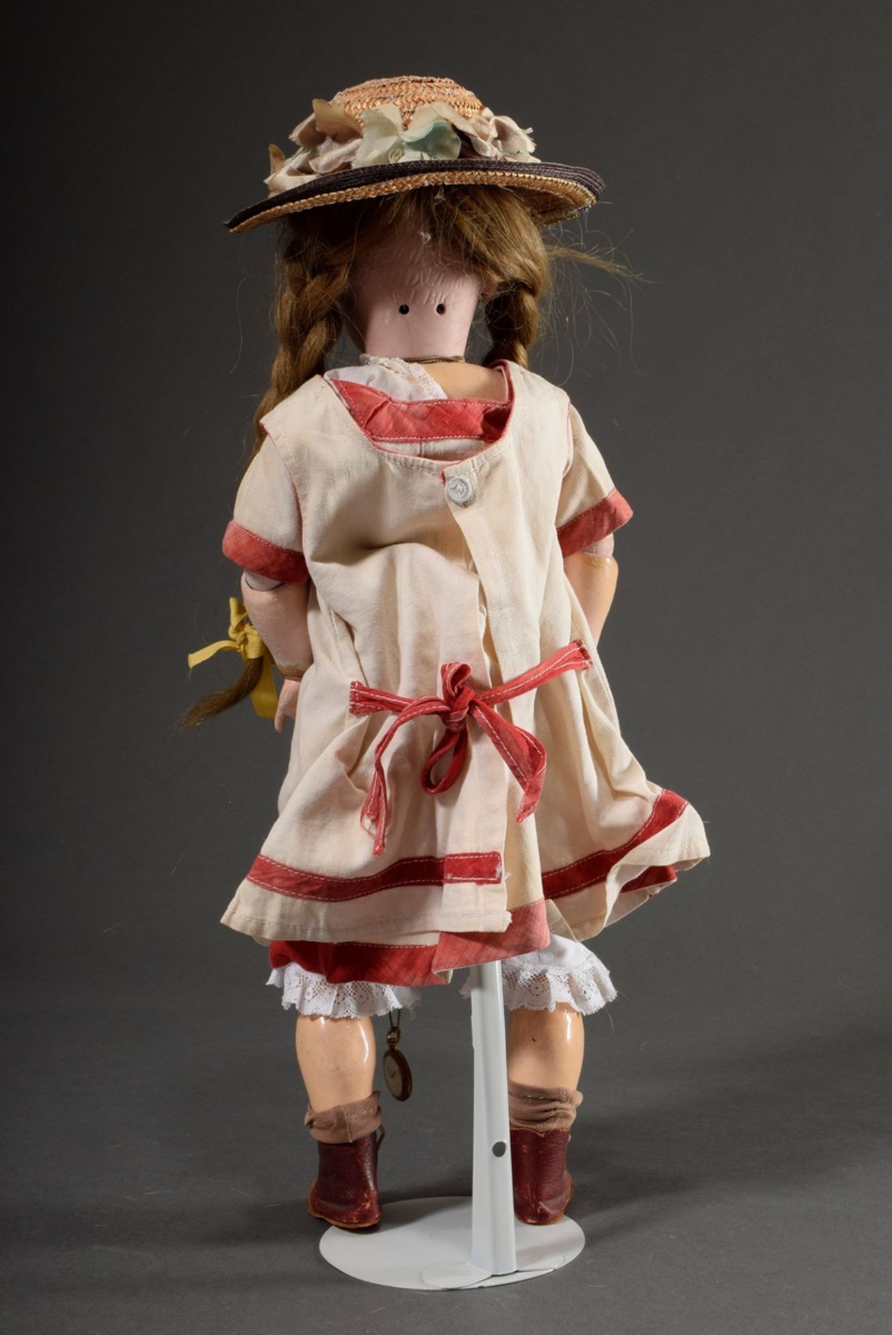 Doll with porcelain crank head and wooden limbed body, dark blond real hair wig, brown glass sleepi - Image 5 of 11