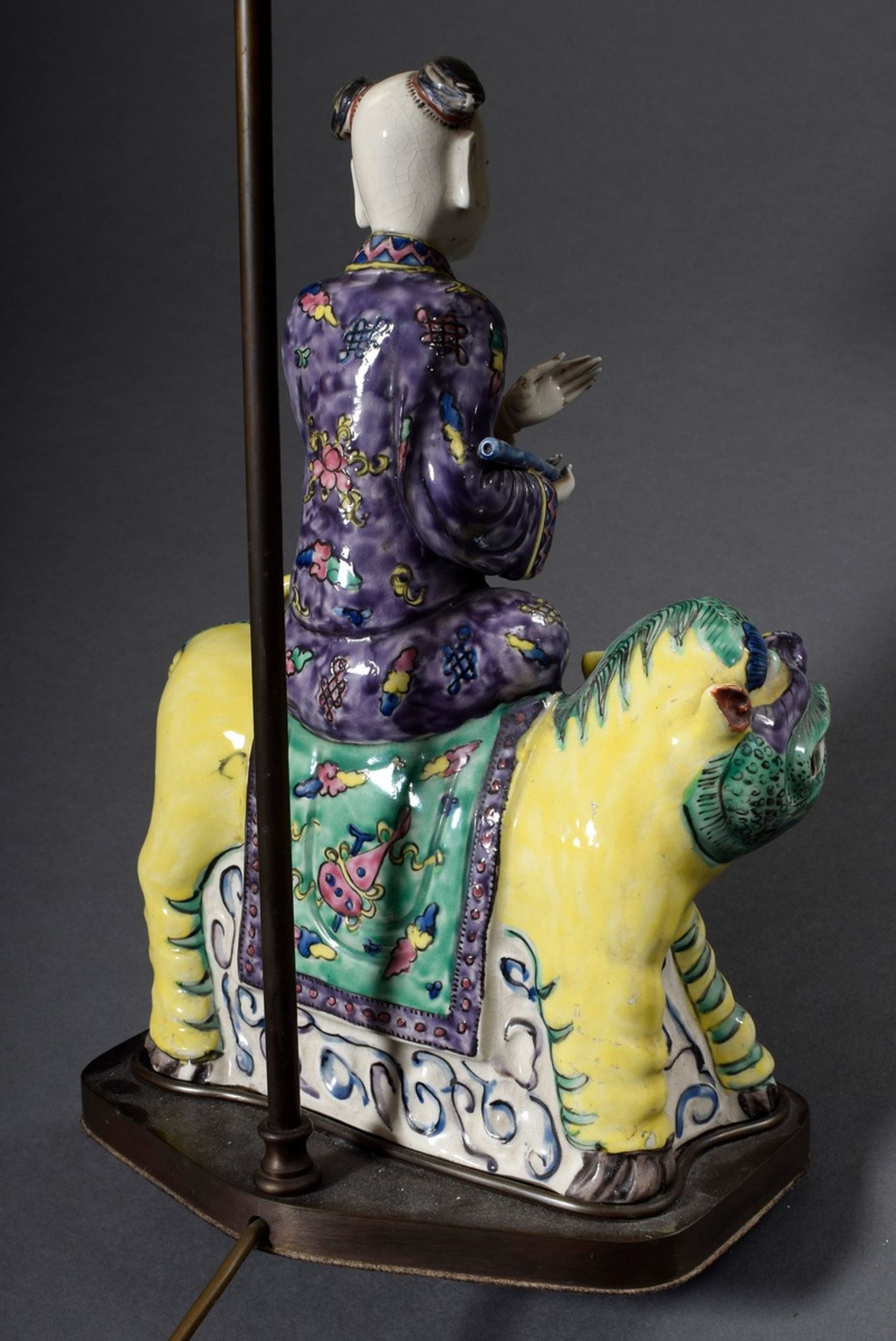 Table lamp with faience figure "Rider with scroll on fo lion" after Asian model, colourfully painte - Image 5 of 5