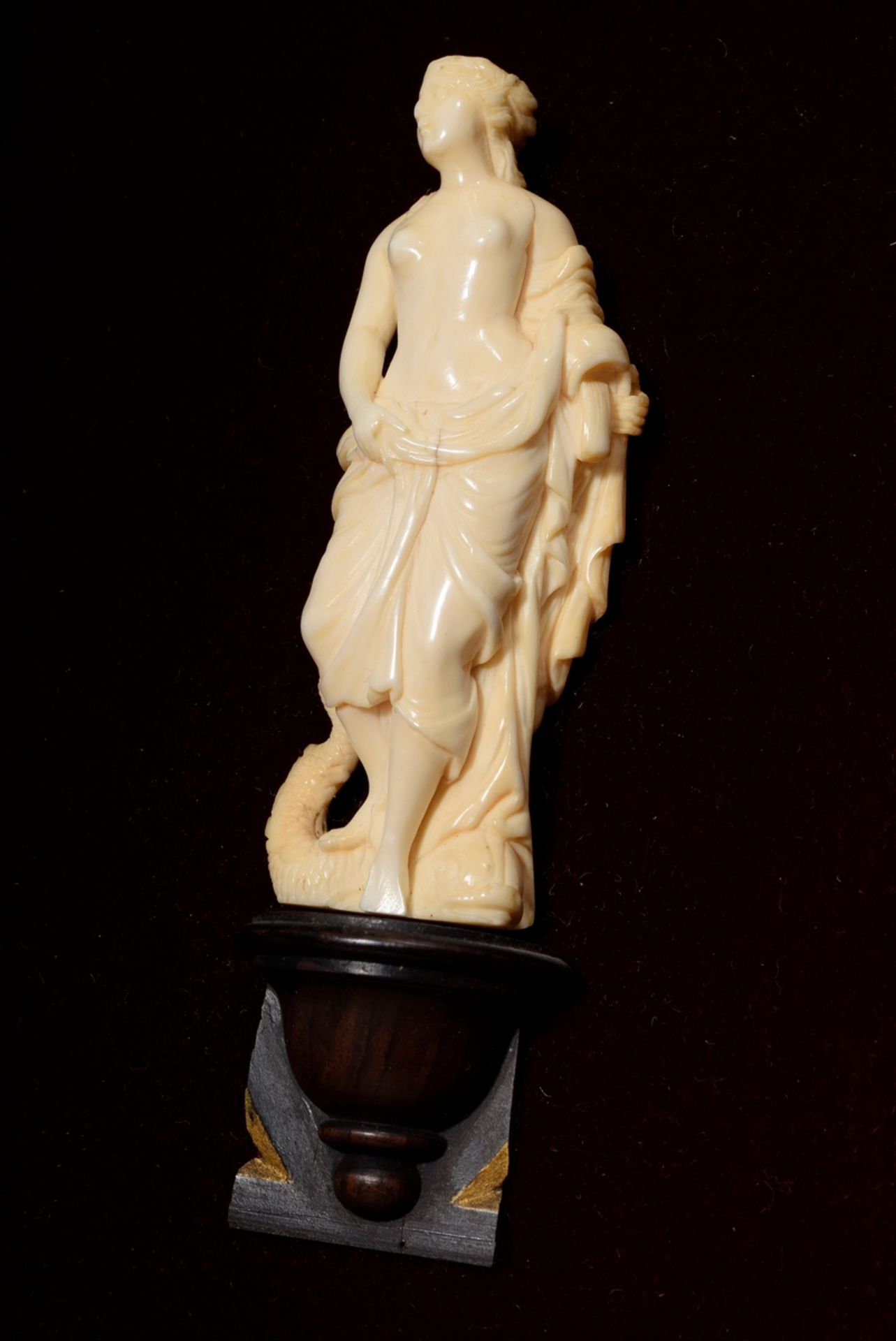 Small ivory carving "Amphitrite" mounted on a wooden console in framing with red velvet, 19th centu - Image 3 of 5