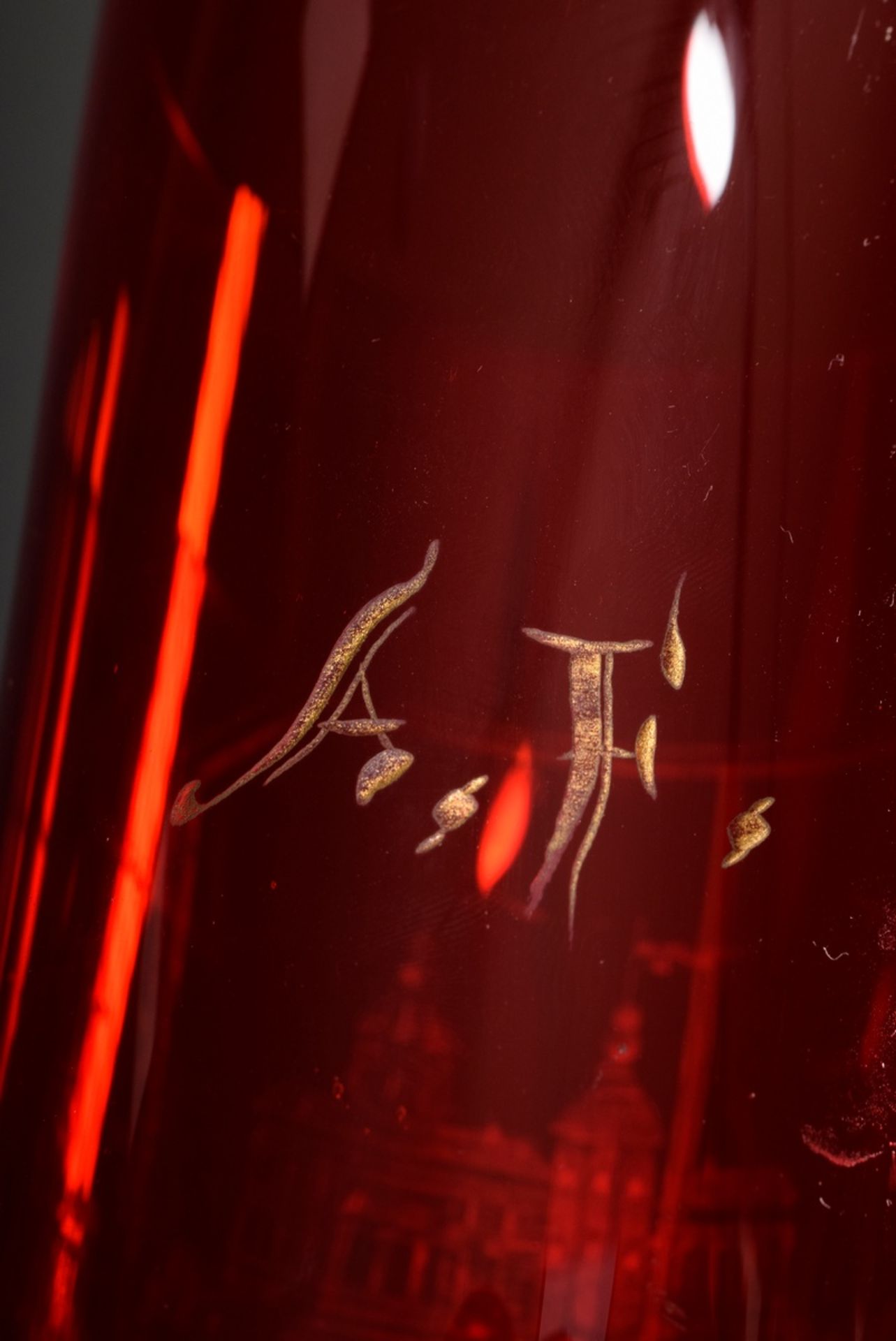 Tall red Biedermeier bath glass with finely cut, gilded view "Bad Doberan" and monogram "A.F" on a  - Image 3 of 5