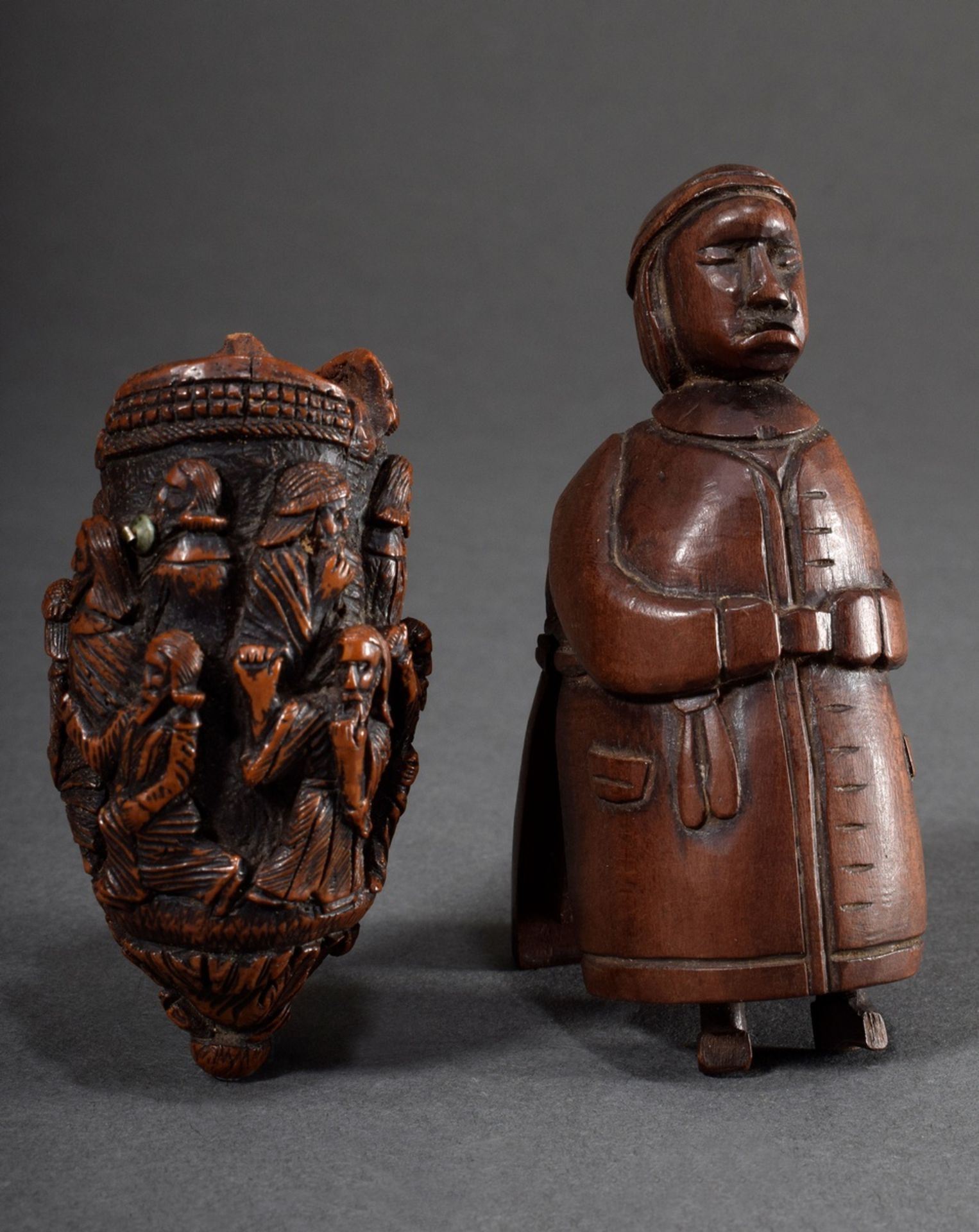 2 Various carved wooden and corozo nut snuffboxes "Clergyman" and "Scene from the Passion of Christ