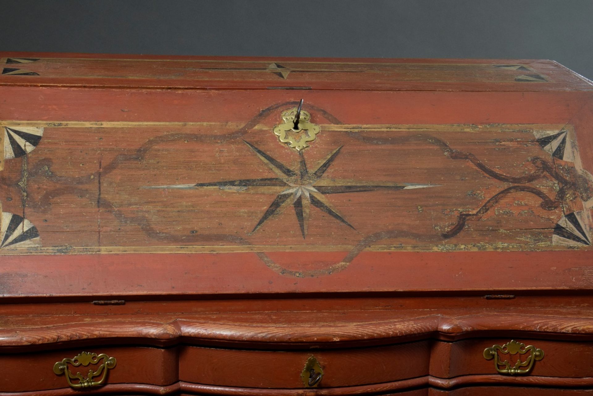 Rustic Danish secretary with slanted flap, star decoration, red/gold original frame and fittings as - Image 6 of 16