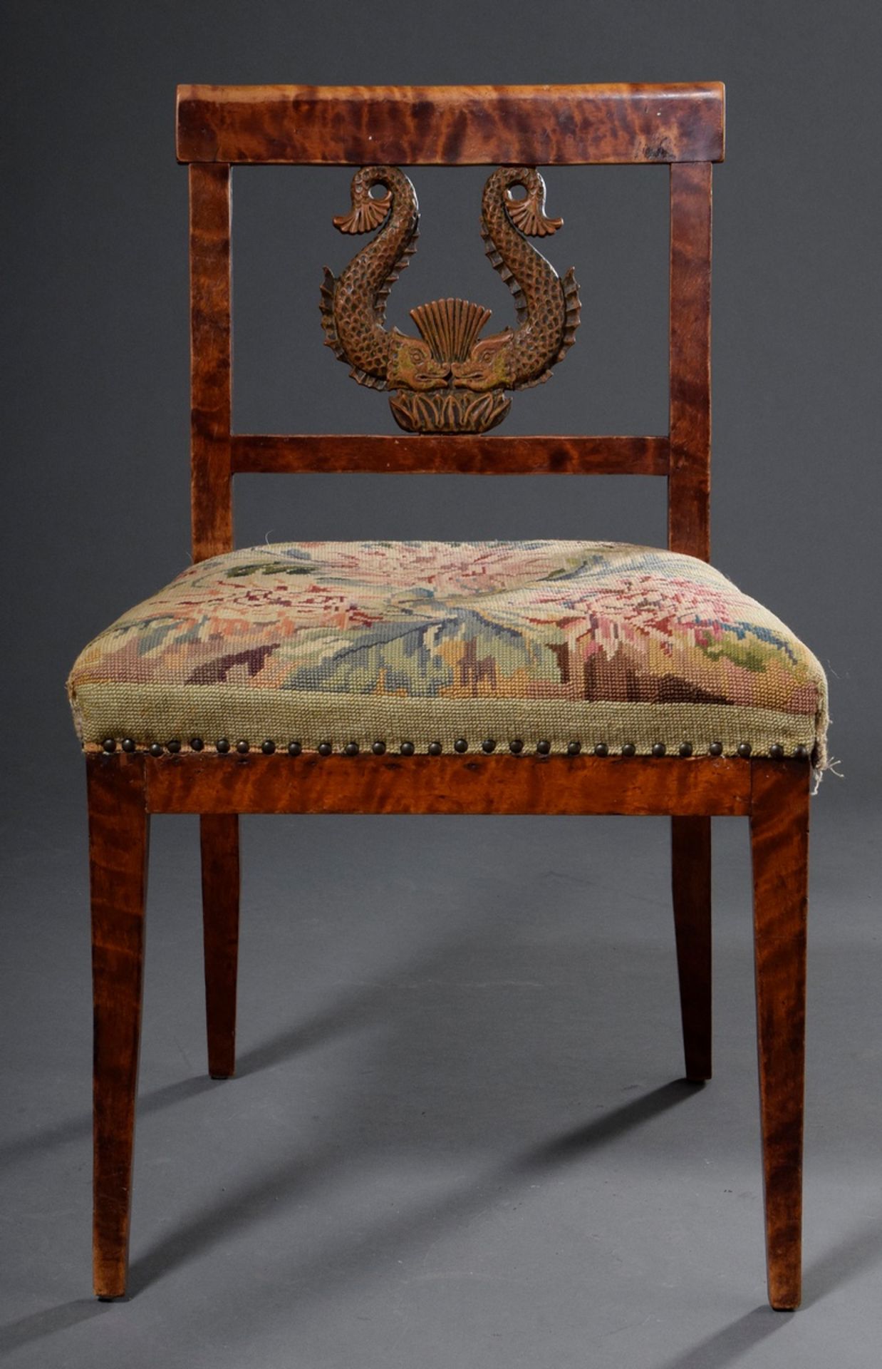 Empire chair in straight form with carving element "fish" in the backrest and embroidery upholstery - Image 2 of 5