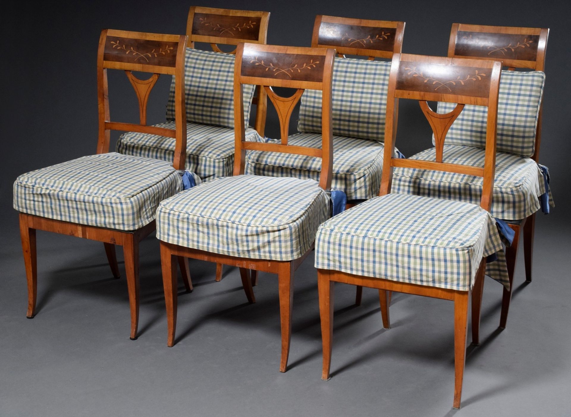 6 Biedermeier chairs on sabre legs with floral inlays in the backrest, plus: removable covers and 3 - Image 2 of 7