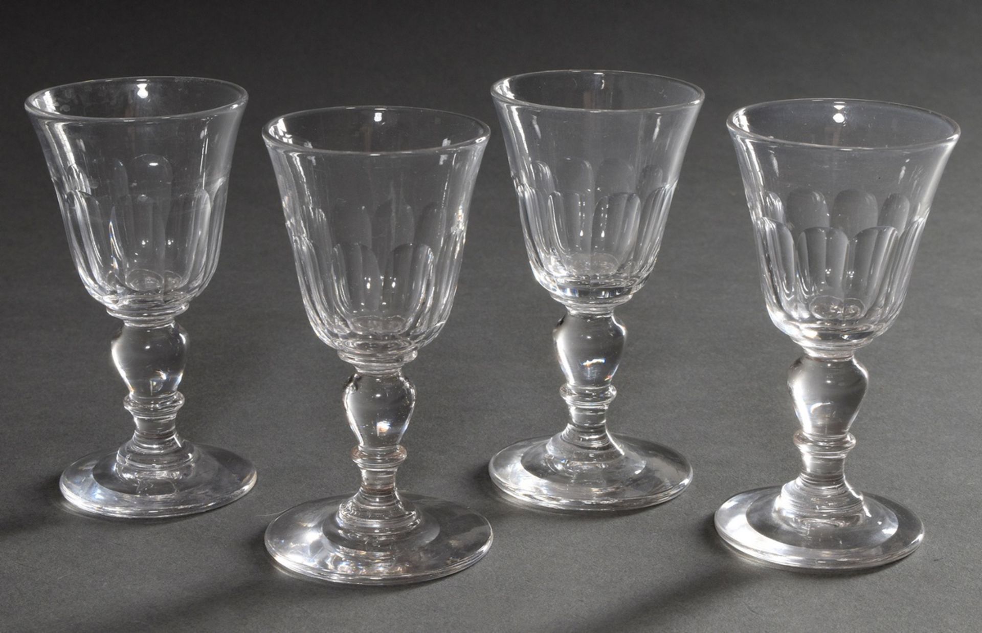 4 Liqueur/Sherry glasses with half surface cut and baluster stem, colourless glass, c. 1900, h. 11c