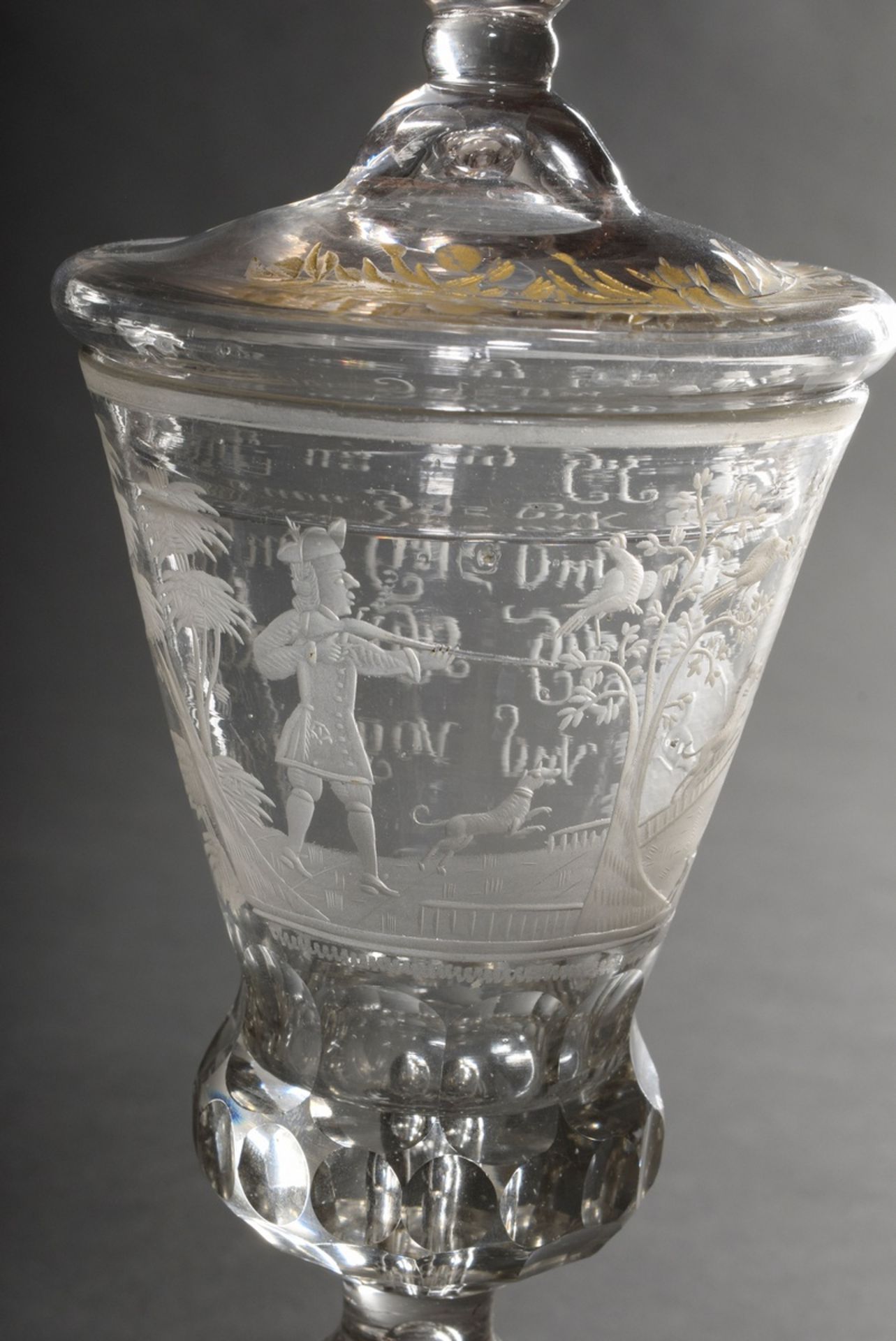 Baroque lidded goblet on a round foot with faceted baluster stem, pierced air bubble and engraved m - Image 2 of 10