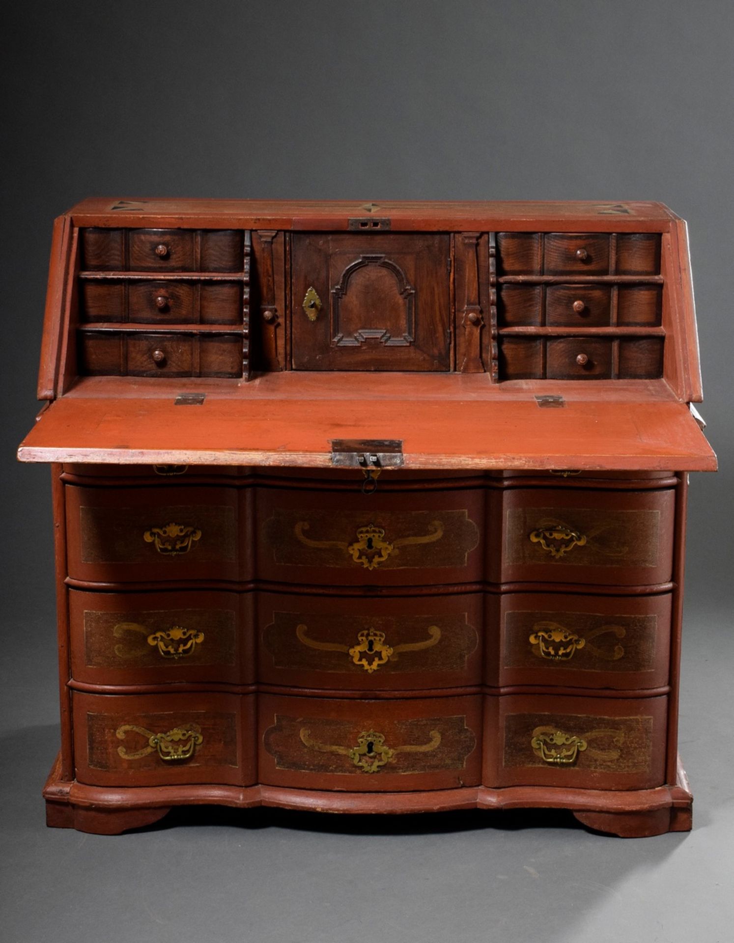 Rustic Danish secretary with slanted flap, star decoration, red/gold original frame and fittings as - Image 10 of 16