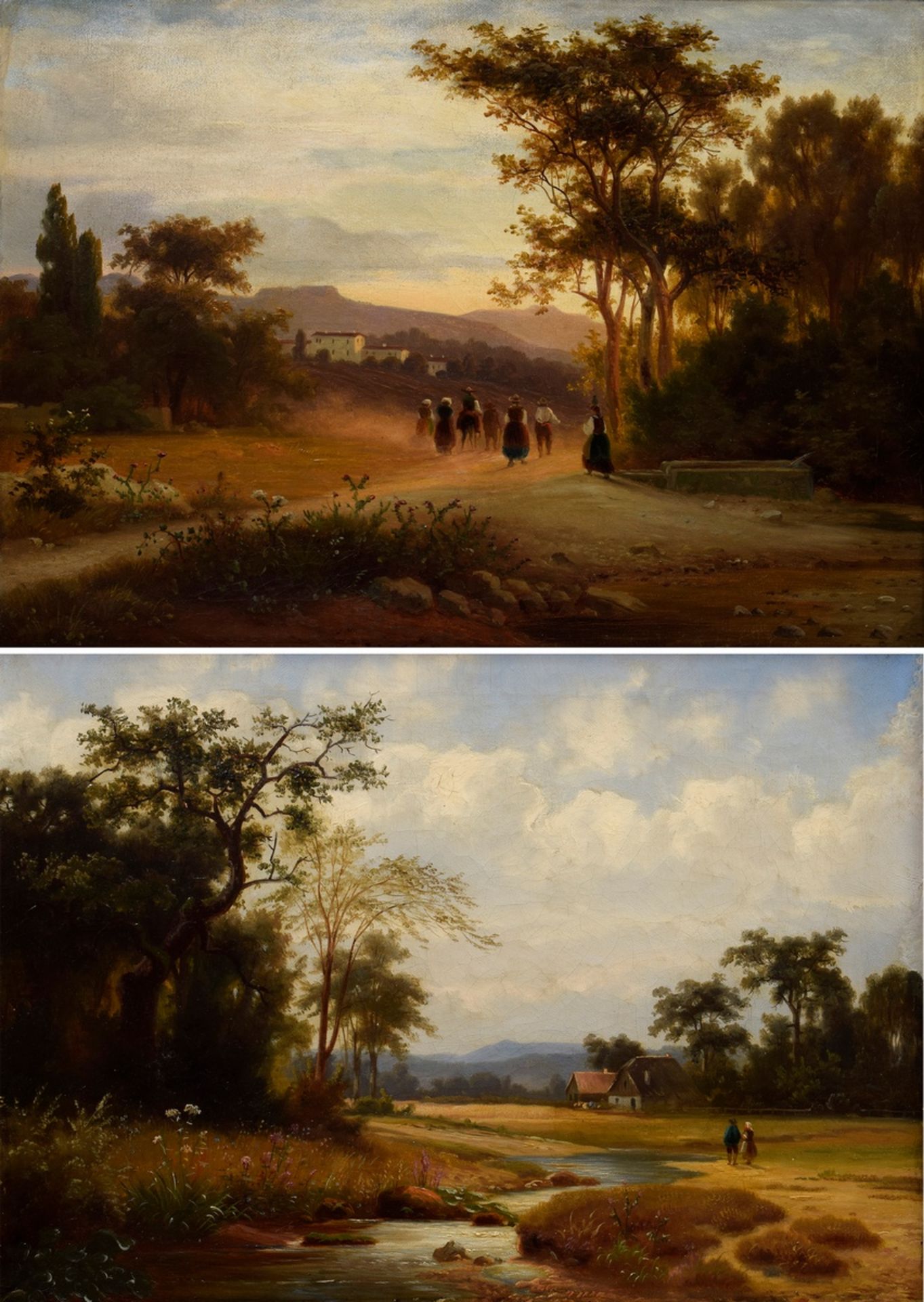 2 Landschaftsansichten eines unbekannten Künstlers des 19.Jh. "Heimkehr vom Feld" und "Weg am Fluss