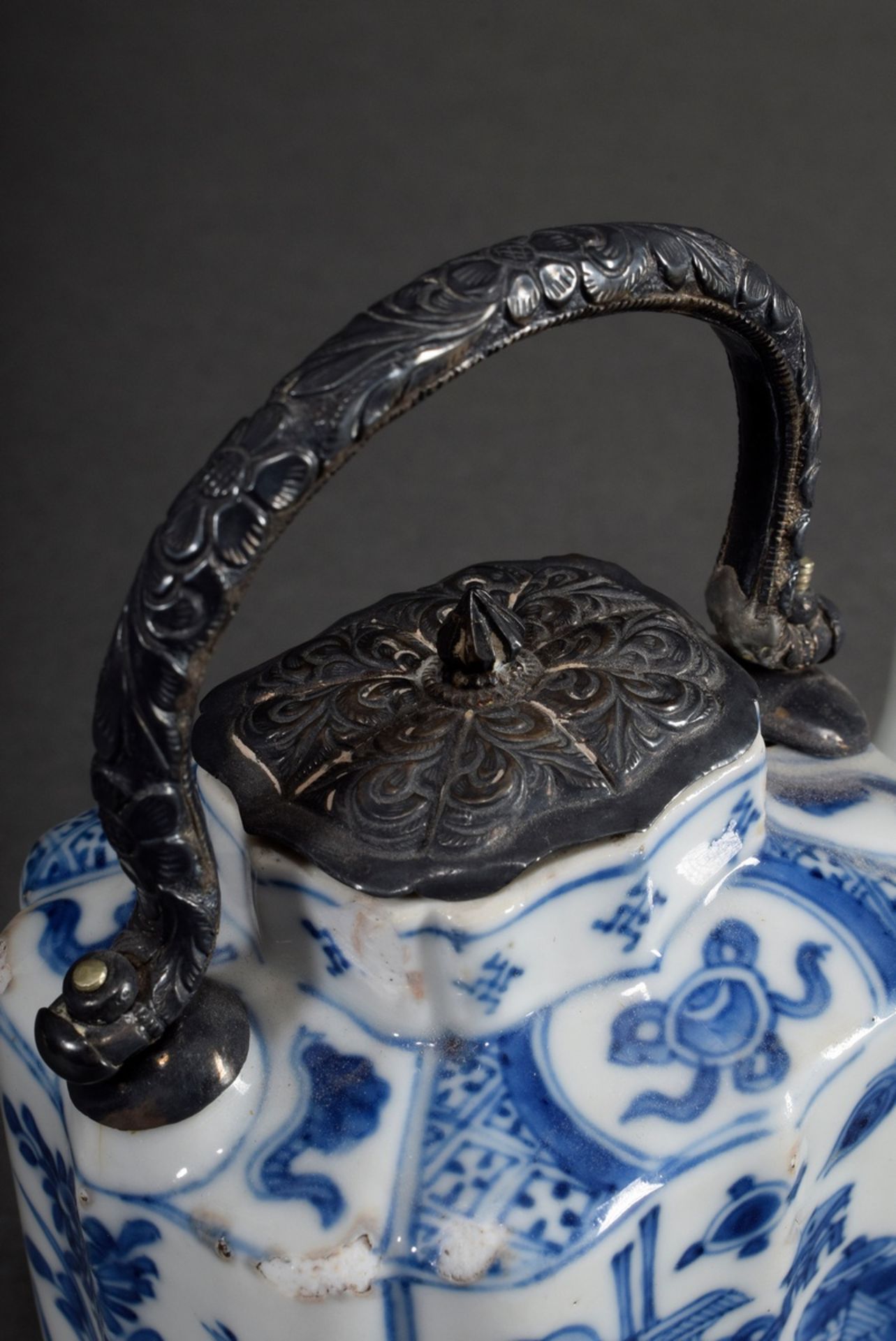 Small Chinese teapot with blue painting decor "Buddhist Symbols and Scholar Objects" on faceted wal - Image 3 of 6