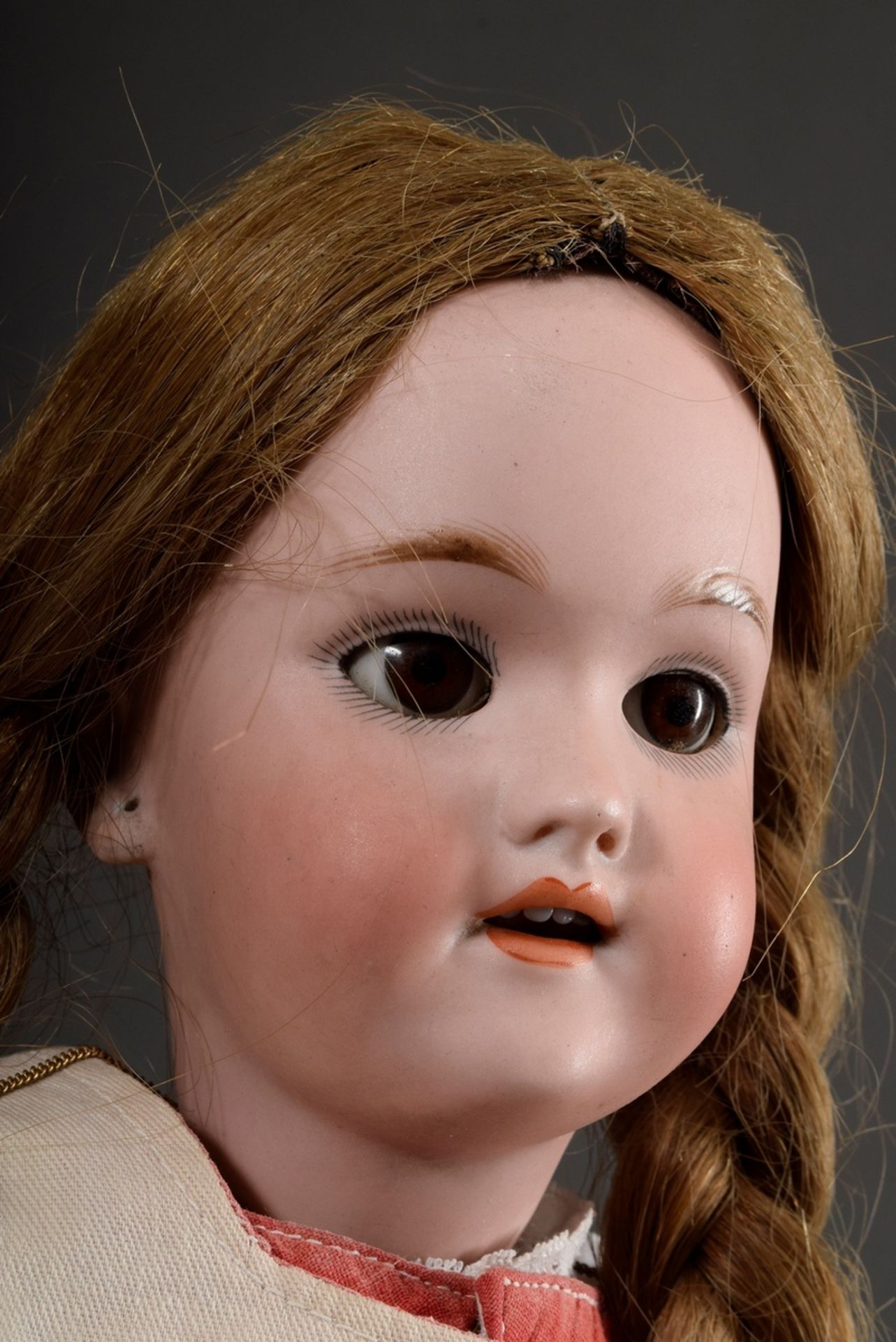 Doll with porcelain crank head and wooden limbed body, dark blond real hair wig, brown glass sleepi - Image 8 of 11