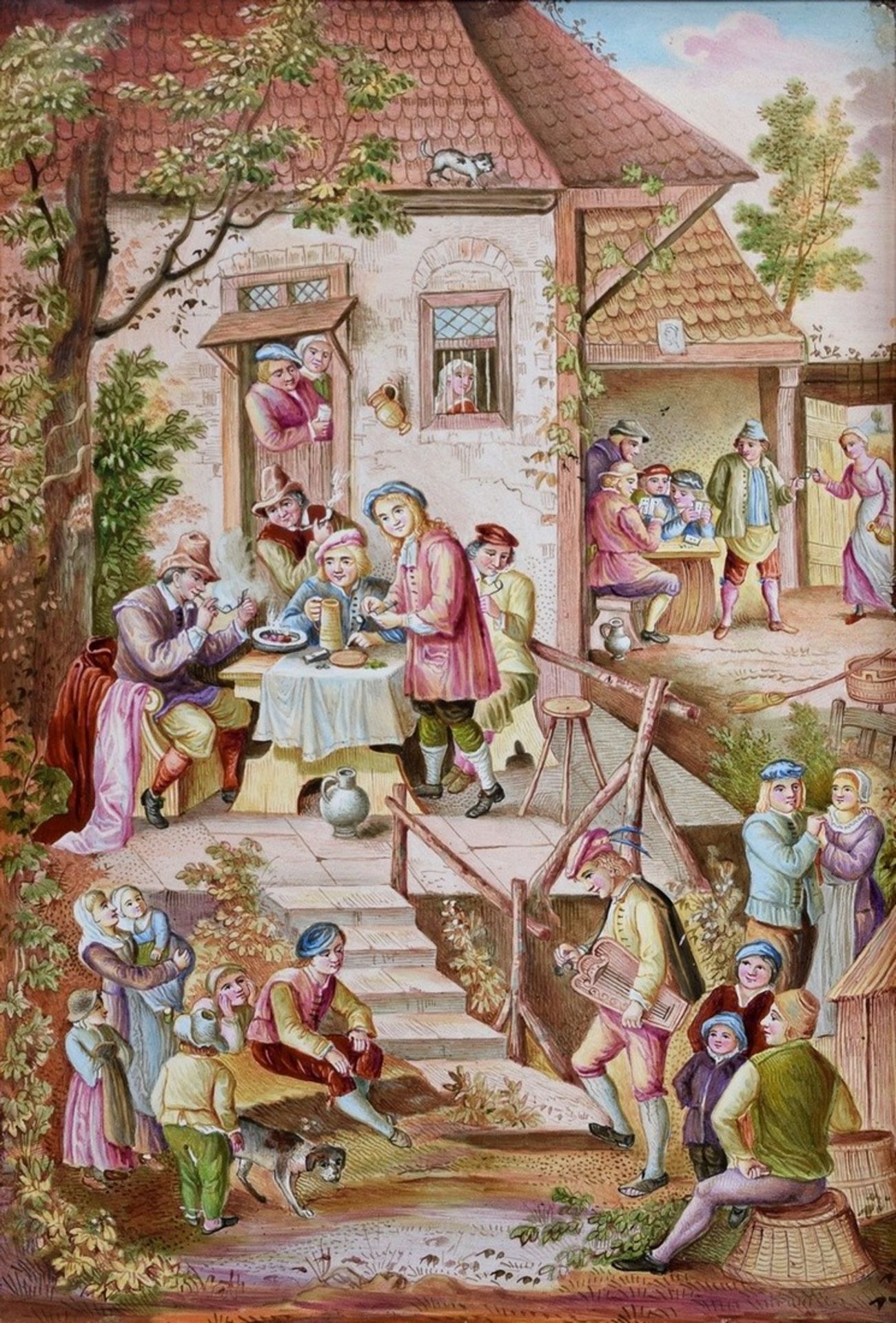 Viennese enamel painting "In the garden of the inn", genre scene after an old Dutch model, in wave 