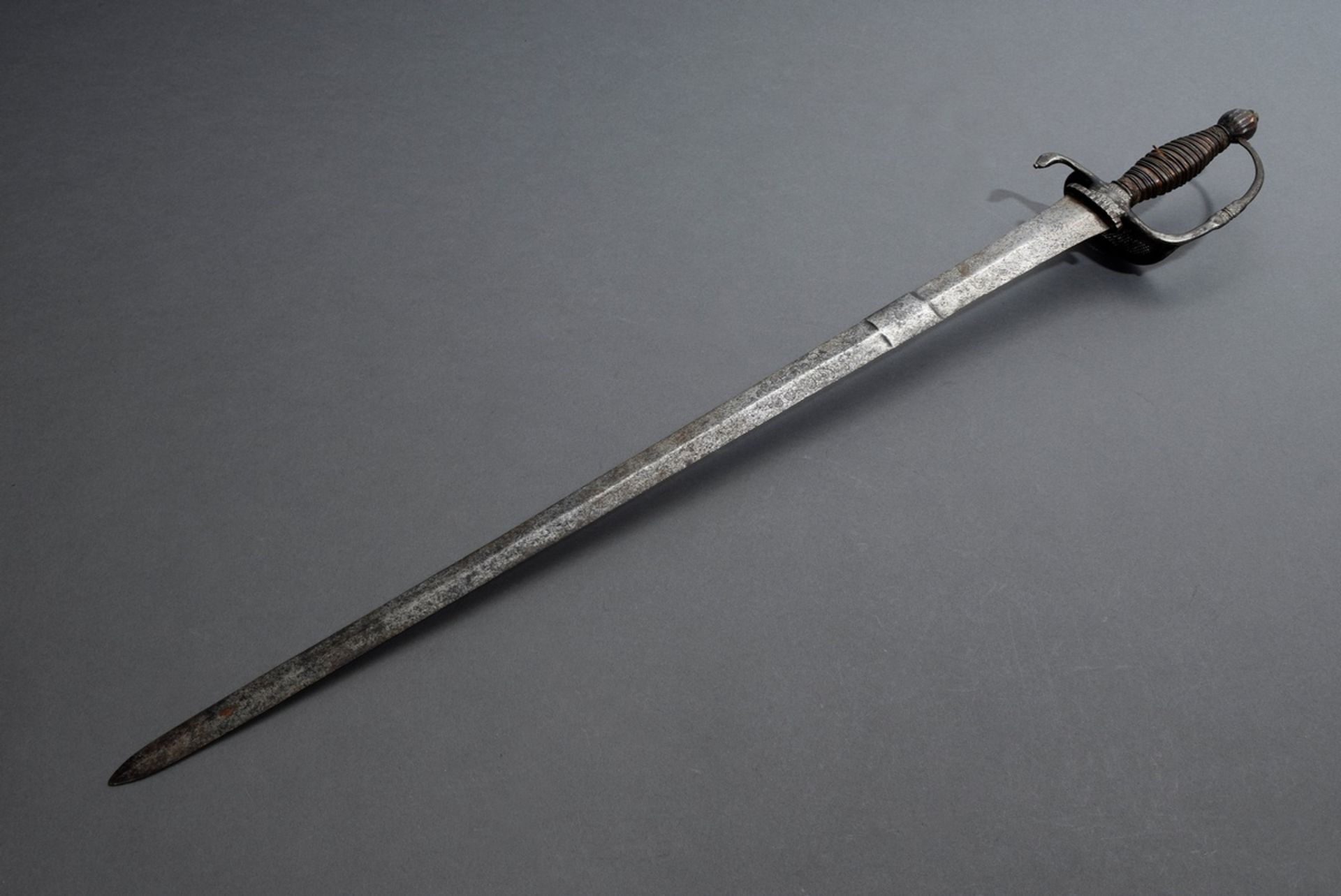 Sword with florally engraved steel blade, signature remains, curved quillons and hand guard as well - Image 4 of 5