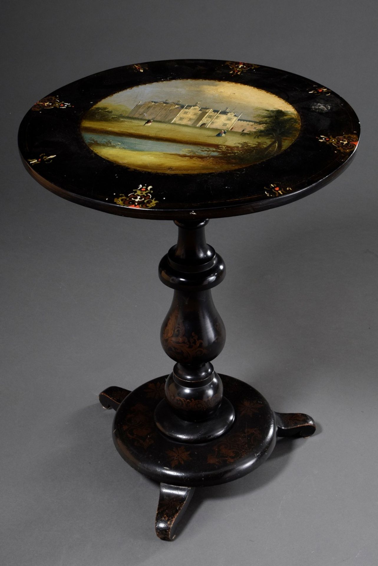 Small black lacquer table with polychrome painting "Tudor Castle" on the top, England 2nd half 19th