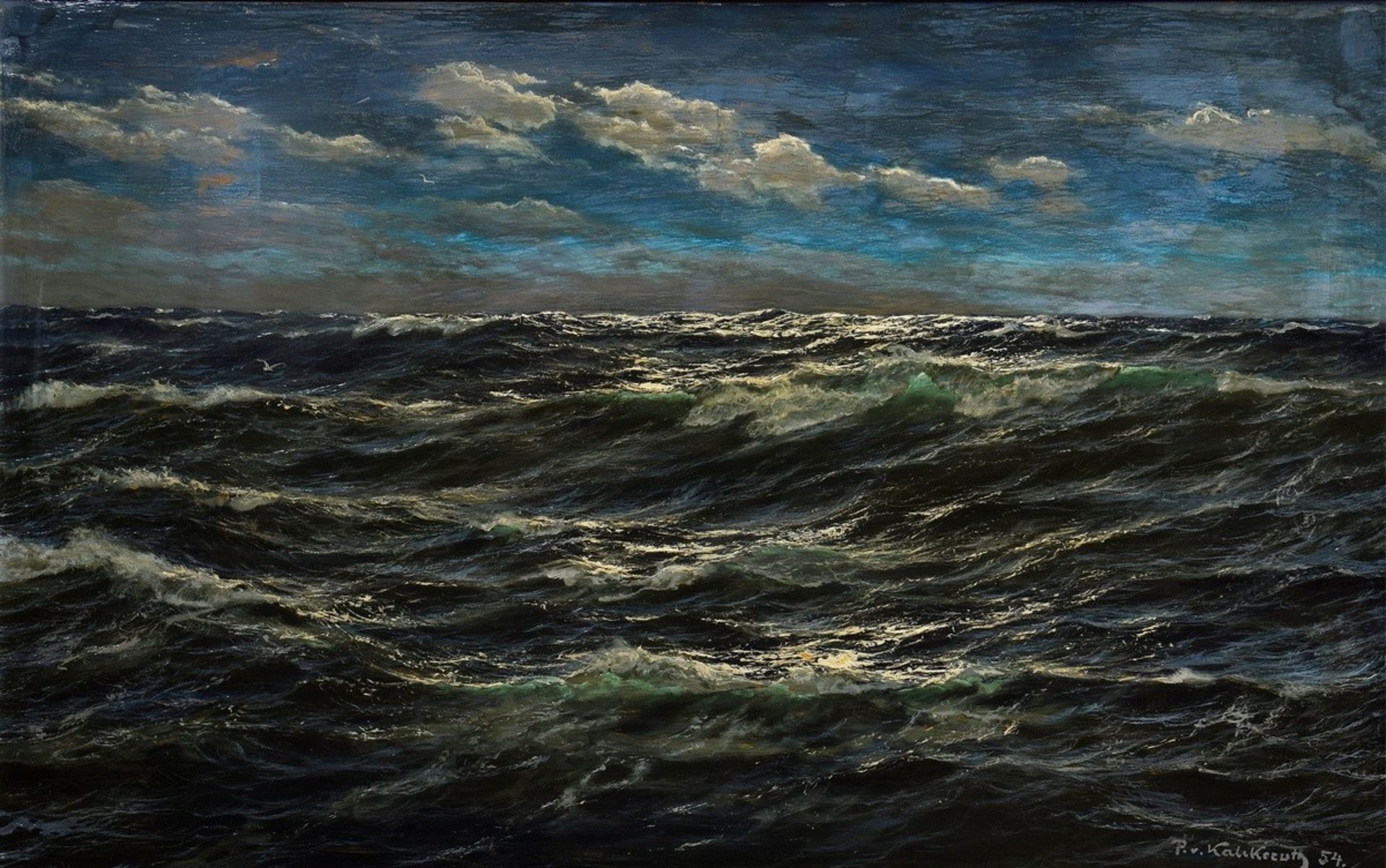 Kalckreuth, Patrick v. (1892-1970) "Troubled Sea with Seagulls" 1954, oil/plate, b.r. sign./dat., 6