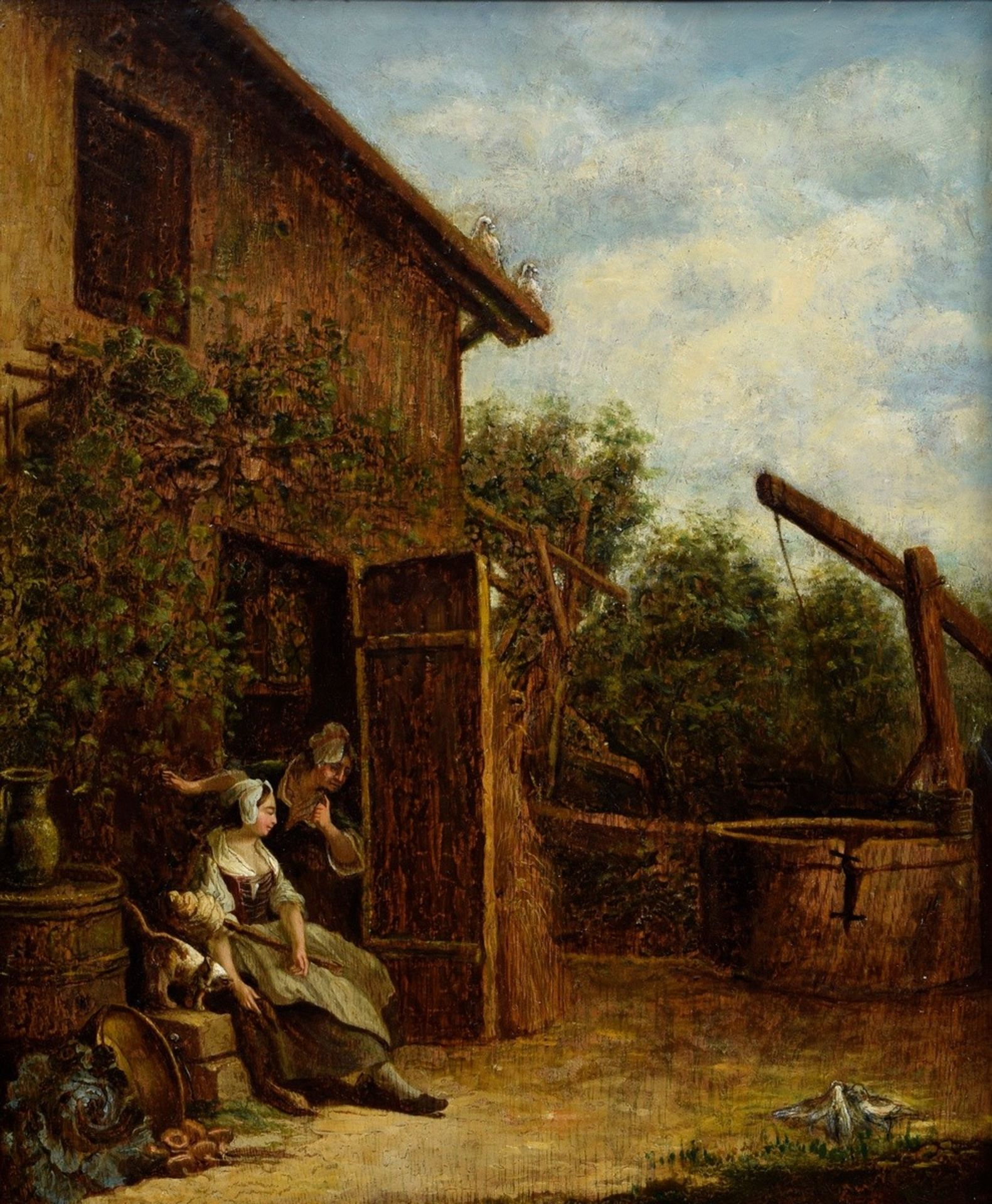 Unbekannter Maler des 18.Jh. "Zwei Frauen mit Katze vor dem Haus", Öl/Holz, 38,5x31,5cm (m.R. 54,5x
