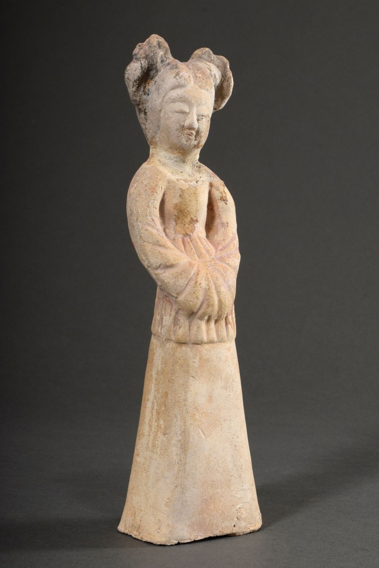 Chinese funeral figure "court lady with double hairdo" in Tang style, terracotta with remains of pa