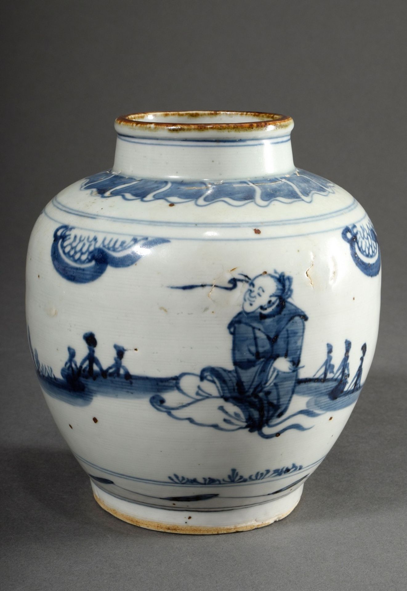 Kleiner chinesischer Porzellan Ingwertopf mit Blaumalerei Dekor "Historische Gestalten in Landschaf