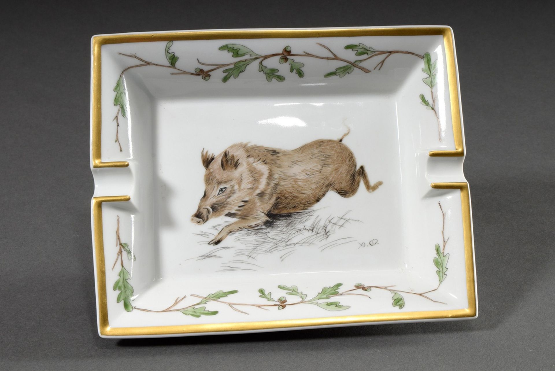 Hermès porcelain ashtray "Wild Boar with Oak Leaves", coloured print decoration, partly hand colour