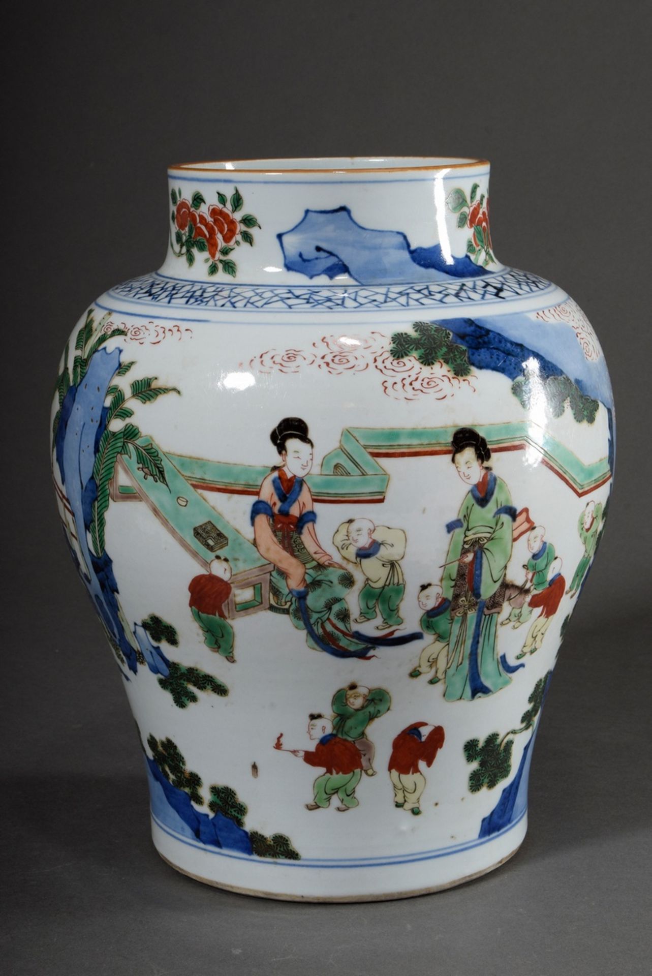 Large baluster vase with Famille Vert painting "Children's Games in the Garden, above blue painting