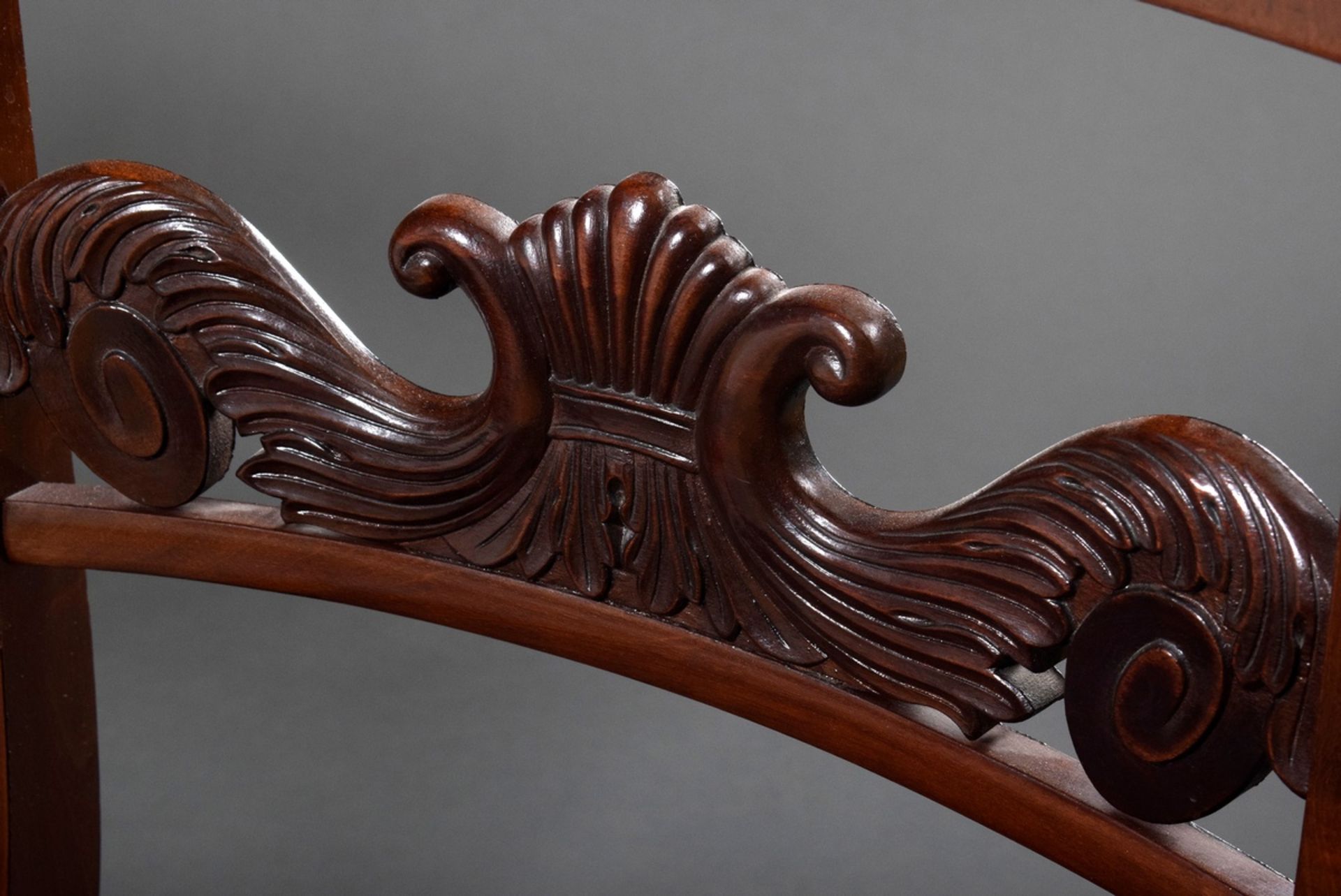 Pair of Biedermeier chairs with floral carved back board, turned legs and horsehair upholstery, mah - Image 5 of 6