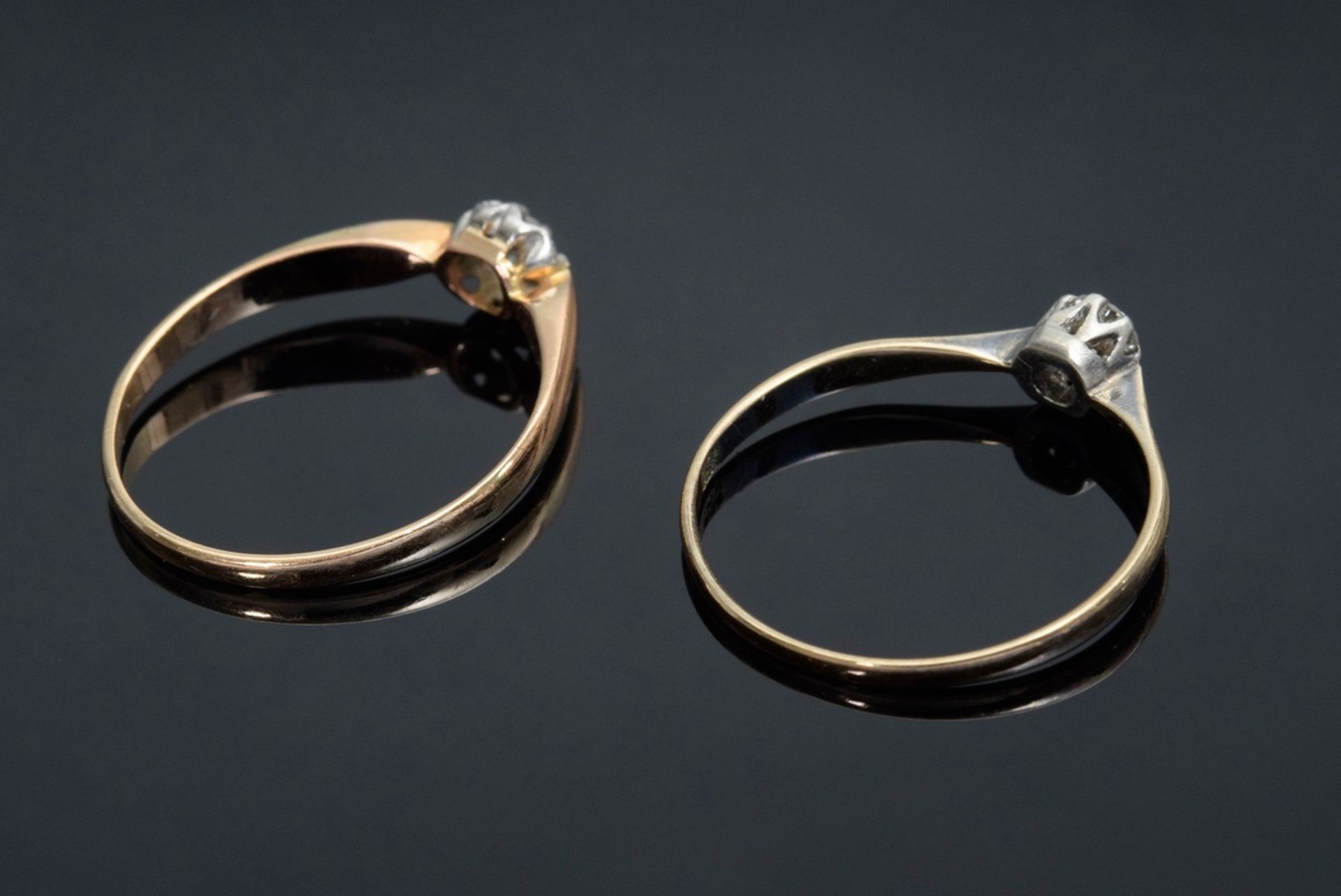 2 Various red gold 585 rings: 1x with old cut diamond (ca. 0.18ct/P1/TCR) and 1x with brilliant cut - Image 3 of 3