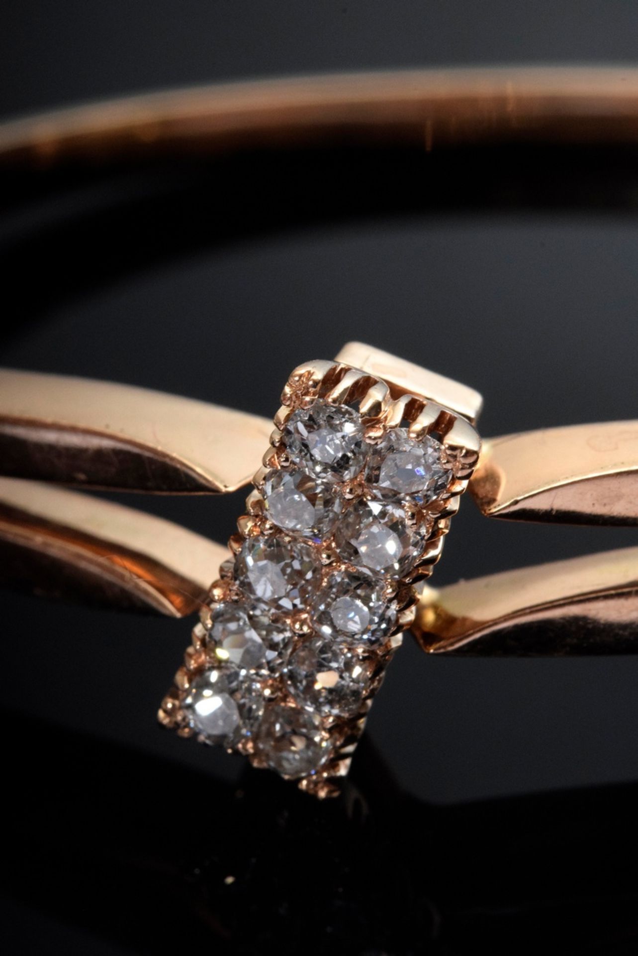 Antique rose gold 585 bangle with split rail and applied old-cut diamonds (together approx. 0.75ct/ - Image 2 of 3