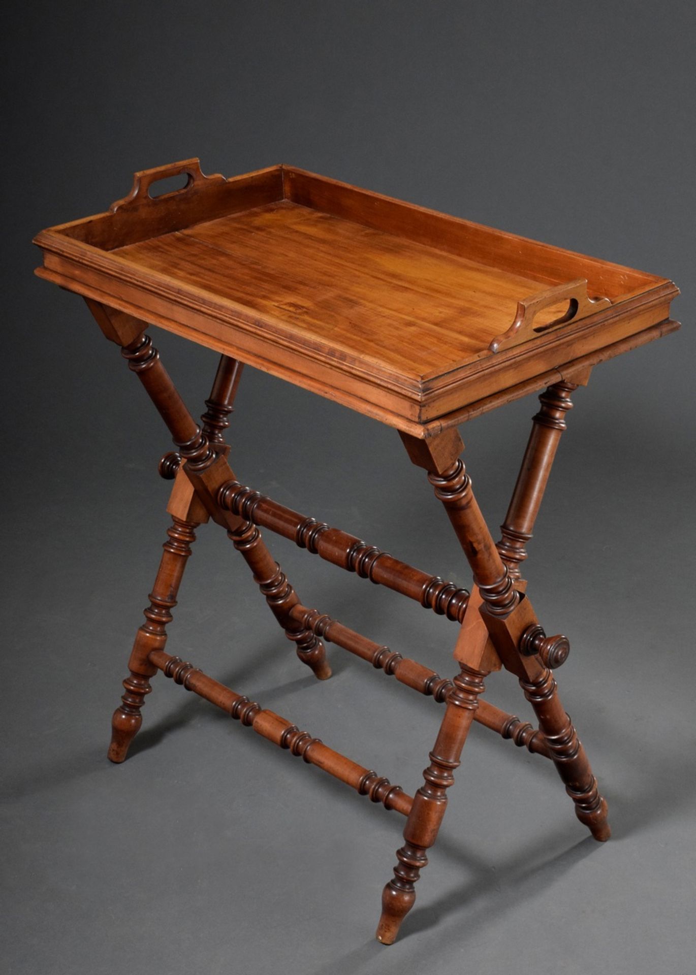 Tray table with turned scissors frame, walnut, c. 1880, 70x70x44cm