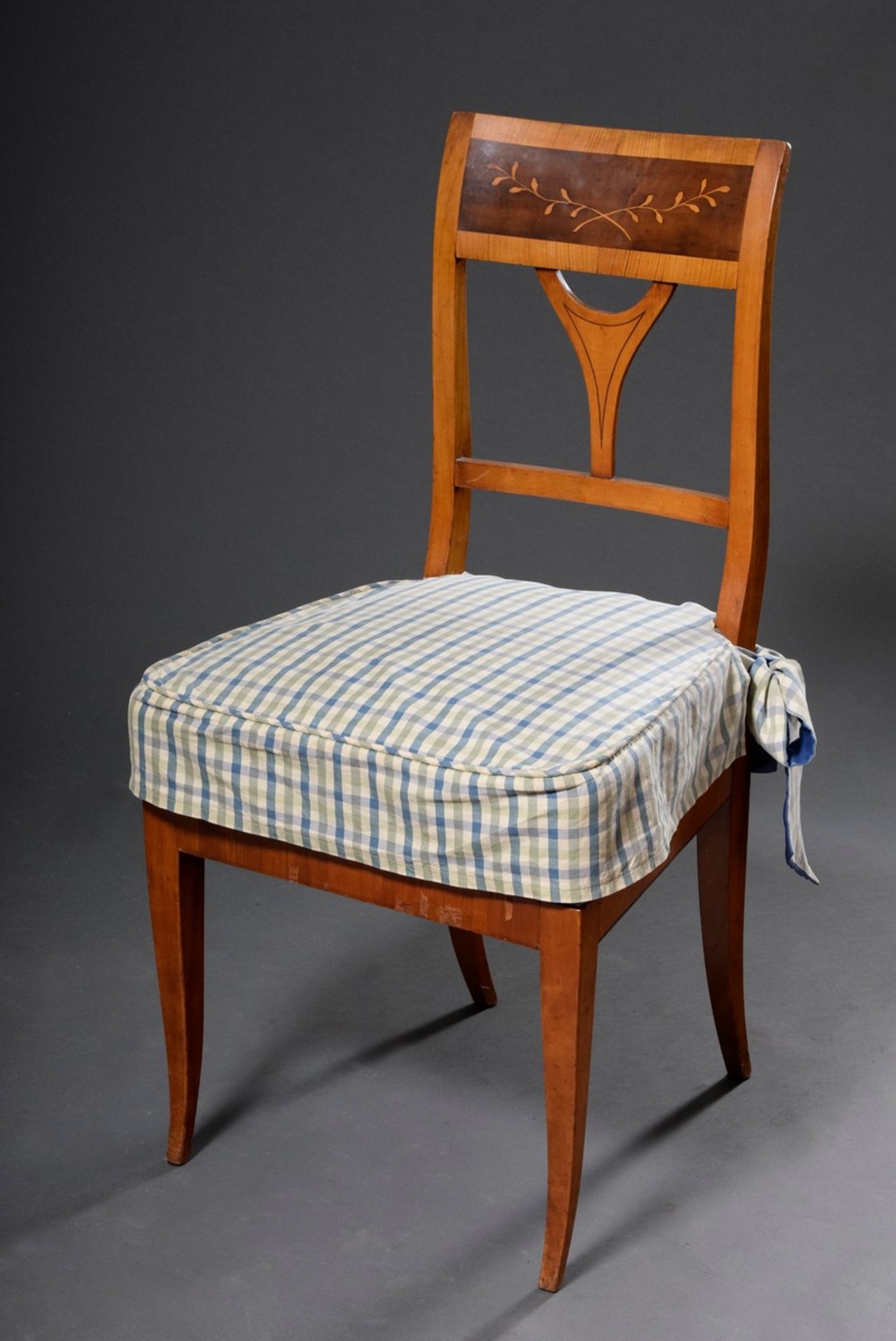 6 Biedermeier chairs on sabre legs with floral inlays in the backrest, plus: removable covers and 3 - Image 3 of 7