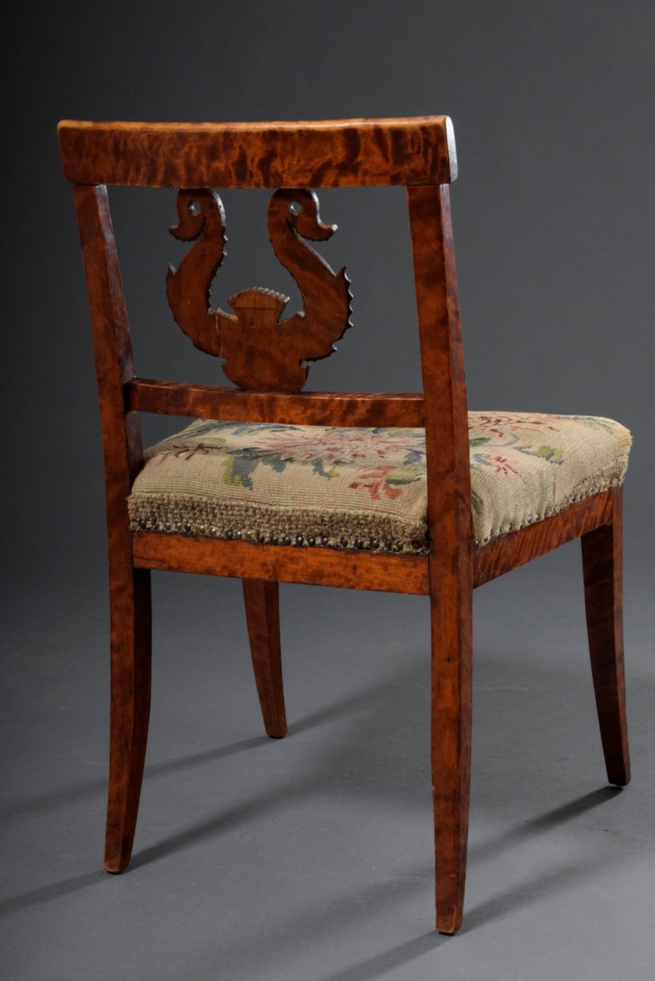 Empire chair in straight form with carving element "fish" in the backrest and embroidery upholstery - Image 3 of 5