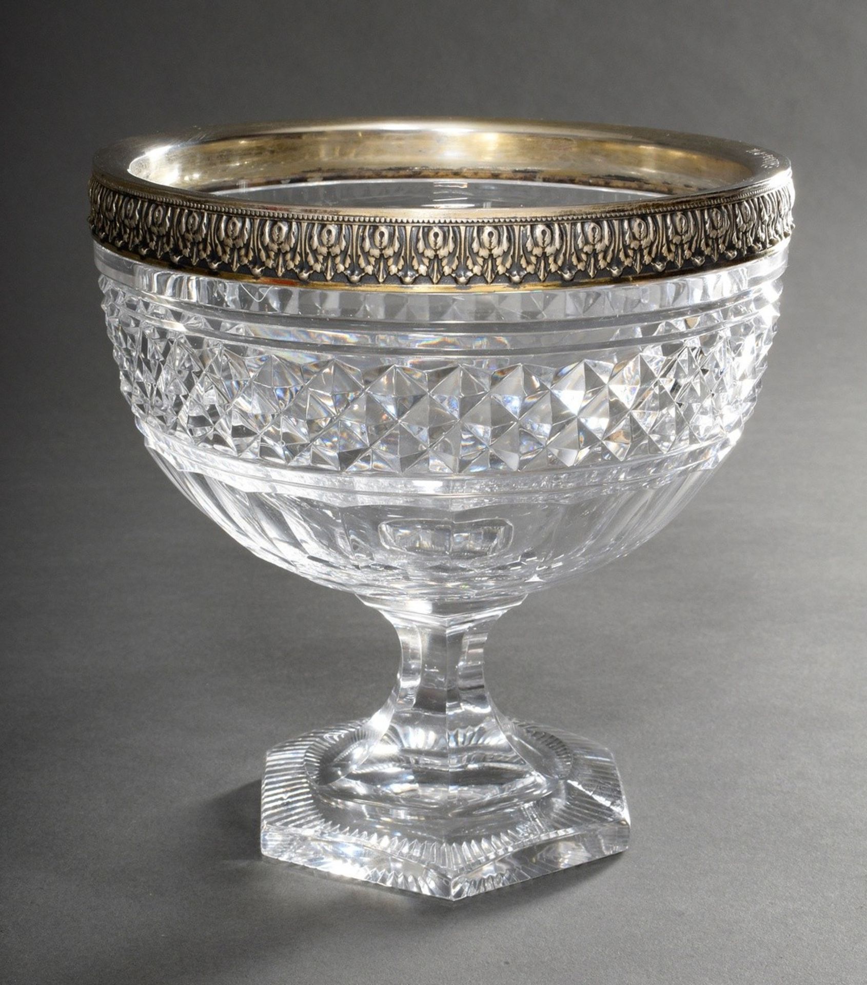 Cut crystal top bowl with gilded silver 800 leaf frieze rim and date engraving, Adolf Mogler/Heilbr