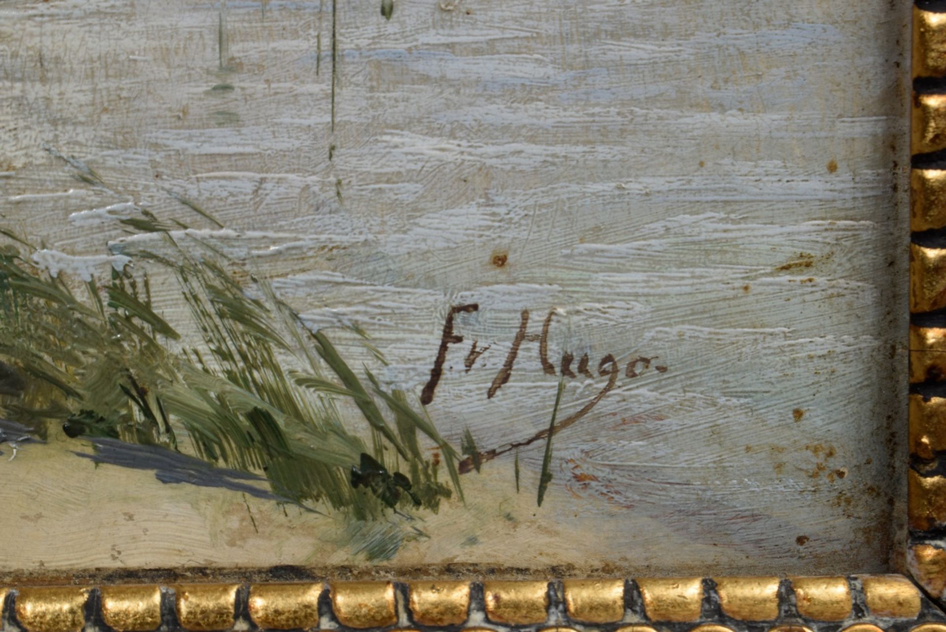 Unbekannter Künstler um 1900 (F. v. Hugo ?) "An der Weser" (Einfliegende Enten), Öl/Malpappe, u.r.  - Bild 3 aus 5