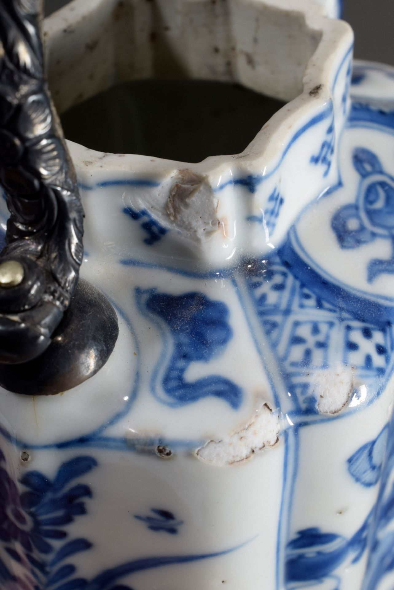 Small Chinese teapot with blue painting decor "Buddhist Symbols and Scholar Objects" on faceted wal - Image 5 of 6