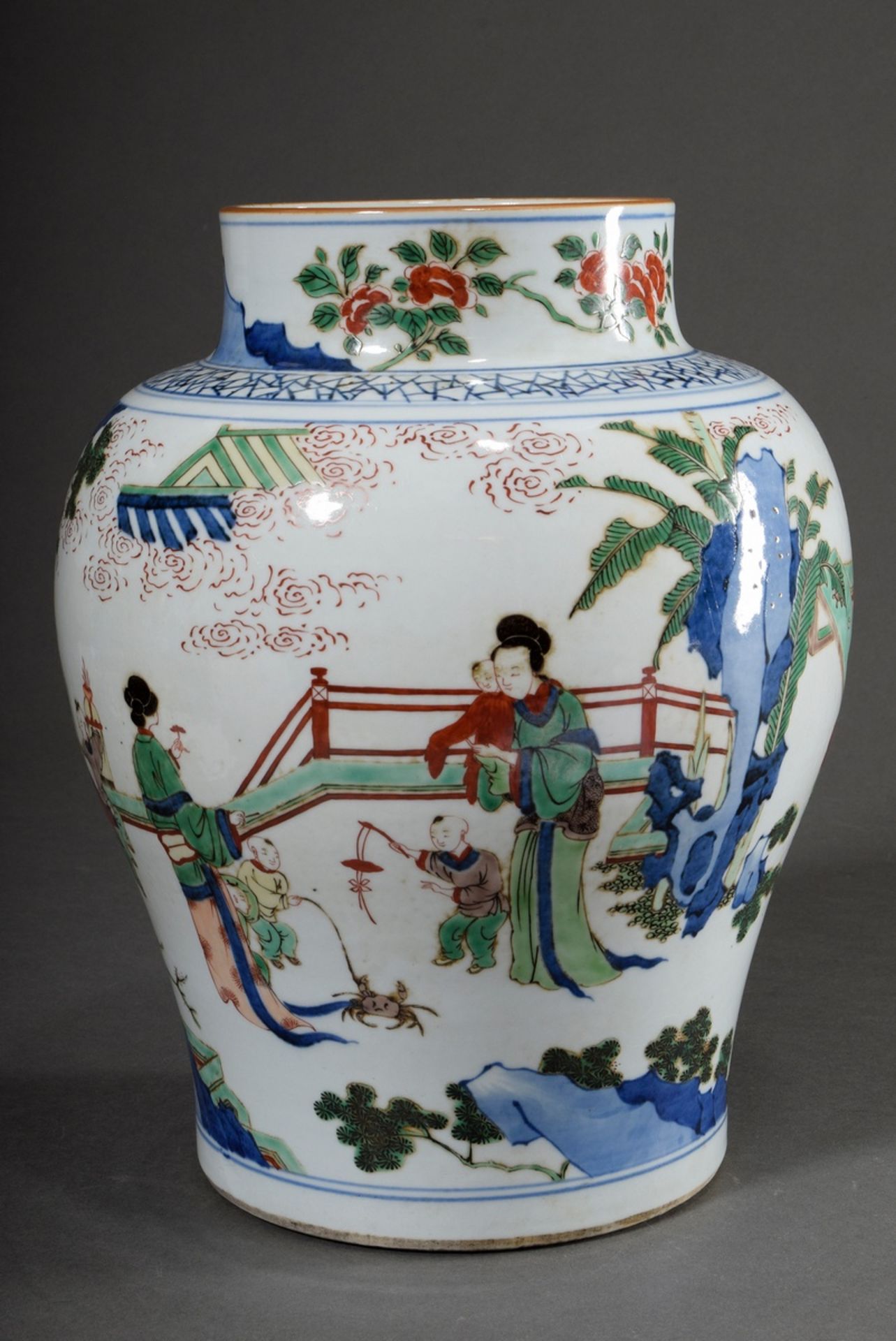 Large baluster vase with Famille Vert painting "Children's Games in the Garden, above blue painting - Image 2 of 6