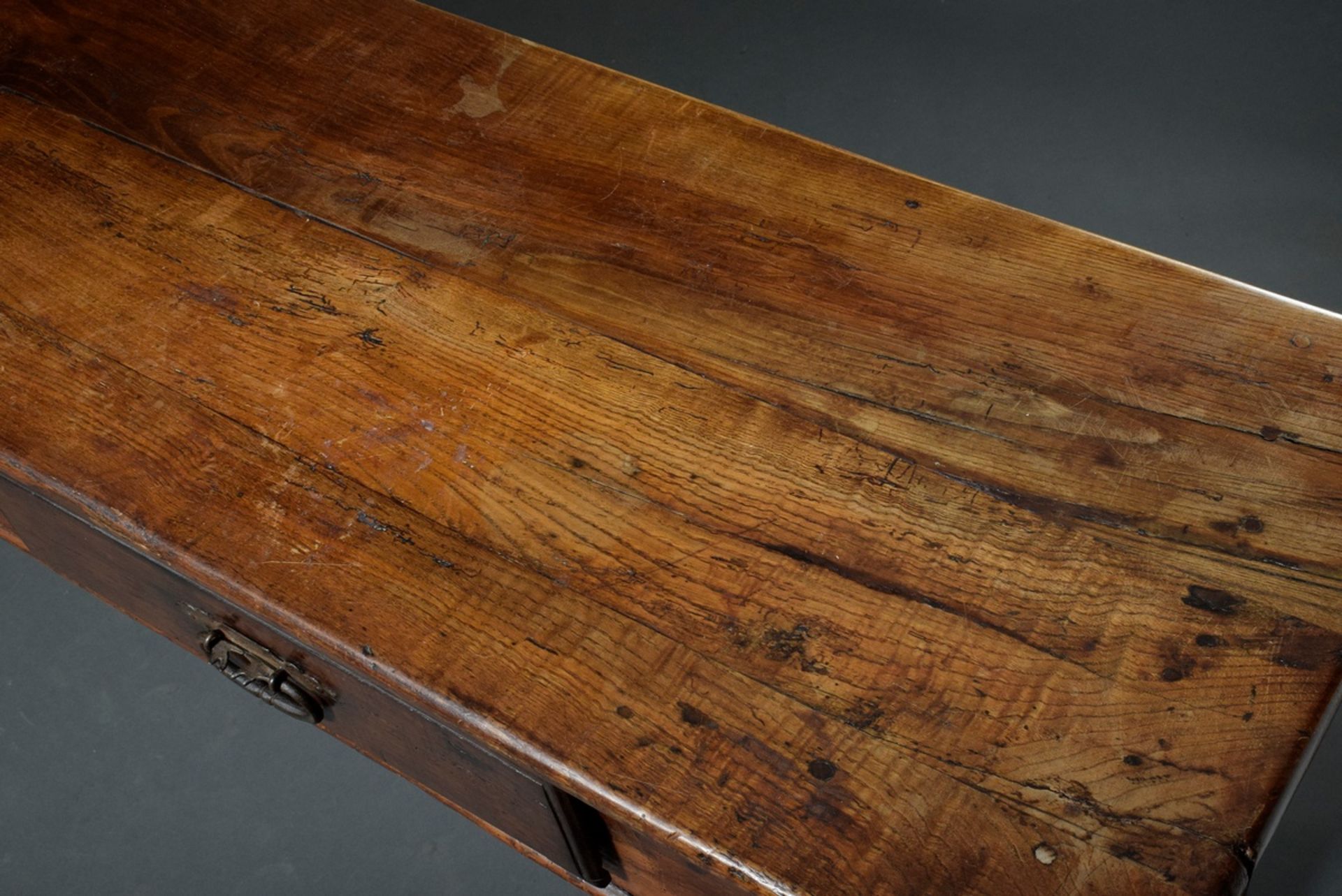 Rustic sideboard with two drawers on pointed legs, softwood, 73x190x43,5cm, old worm damage, some d - Image 5 of 8