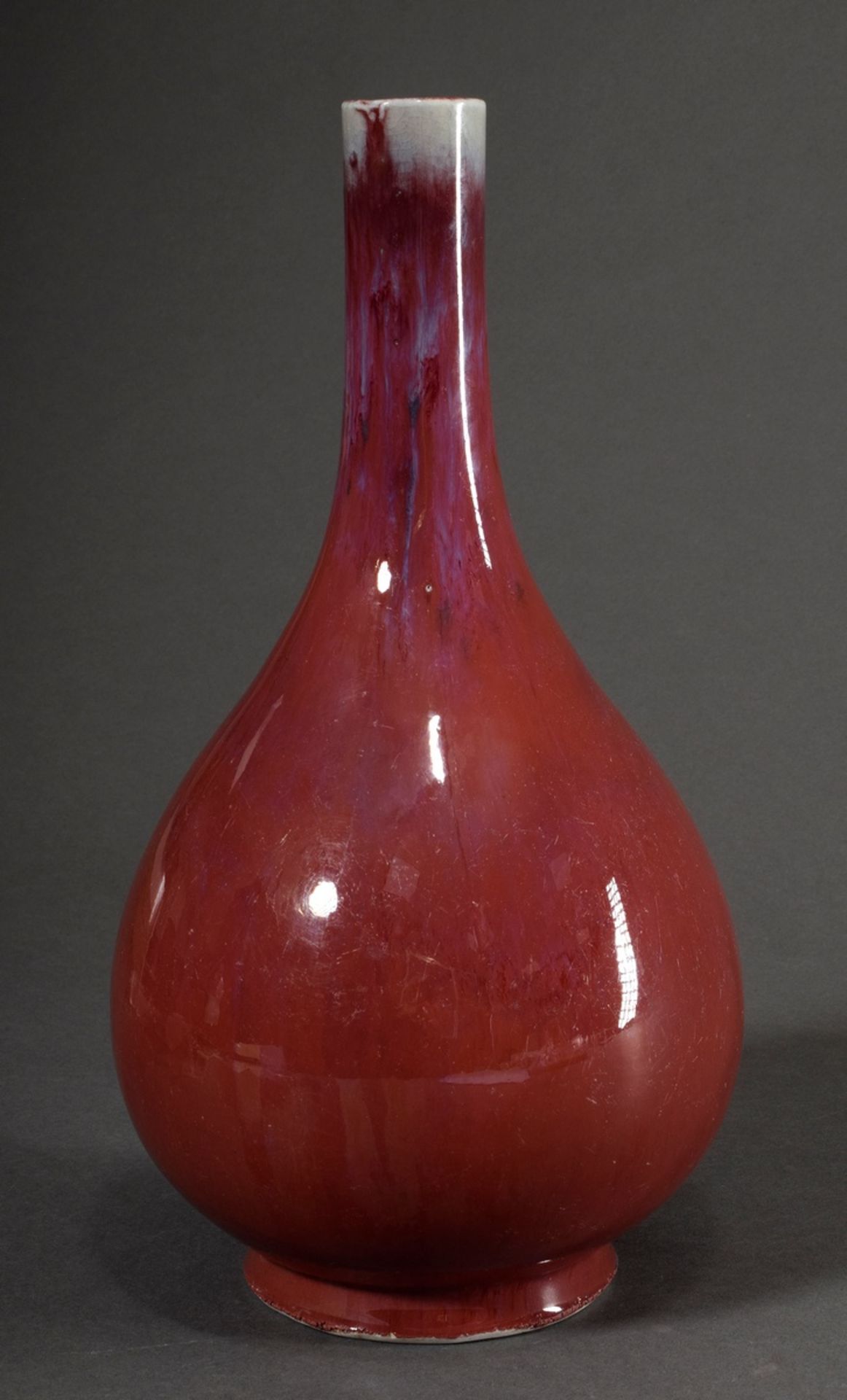 Große chinesische Enghals Vase mit Flambé Glasur, H. 37cm